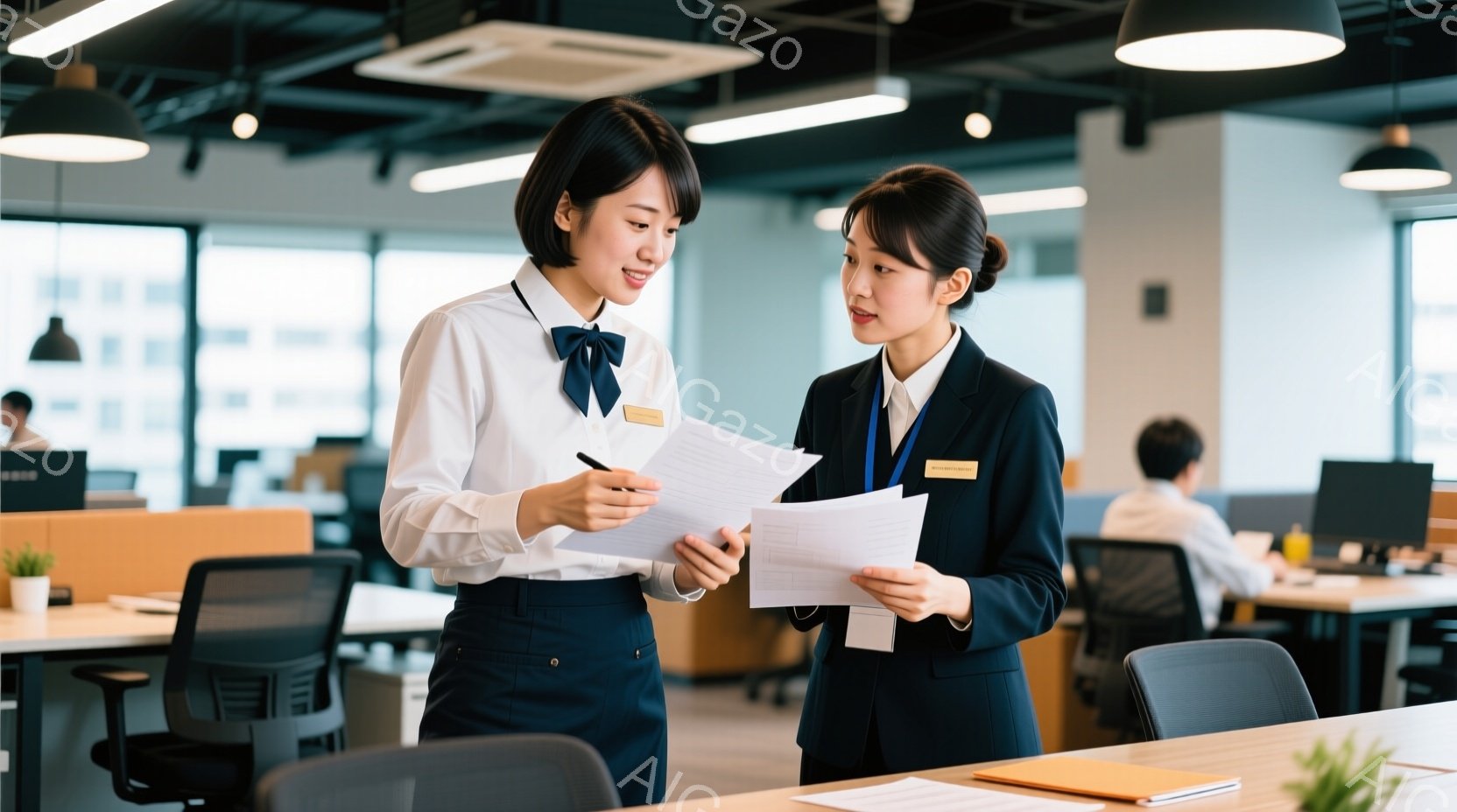 二人の女性がオフィスで書類を見ながら会話しています。一人は白いシャツに黒いスカート、もう一人は黒いスーツを着ており、それぞれ胸に名札をつけています。背景には他の社員が仕事をしている様子が見え、明るくモダンなオフィス空間が広がっています。