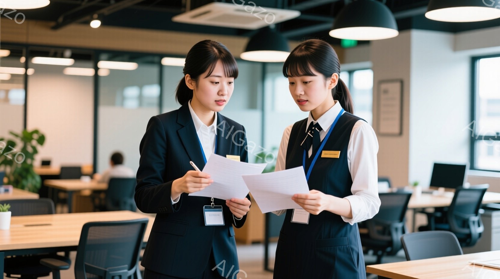 2人の若い女性が書類を見ながら話しています。一人は紺色のスーツに黒髪で、書類を指差して何かを説明しているようです。もう一人は黒のベストと白のシャツを着ており、同じように書類を見つめながら、真剣な表情で - AI生成フリー素材