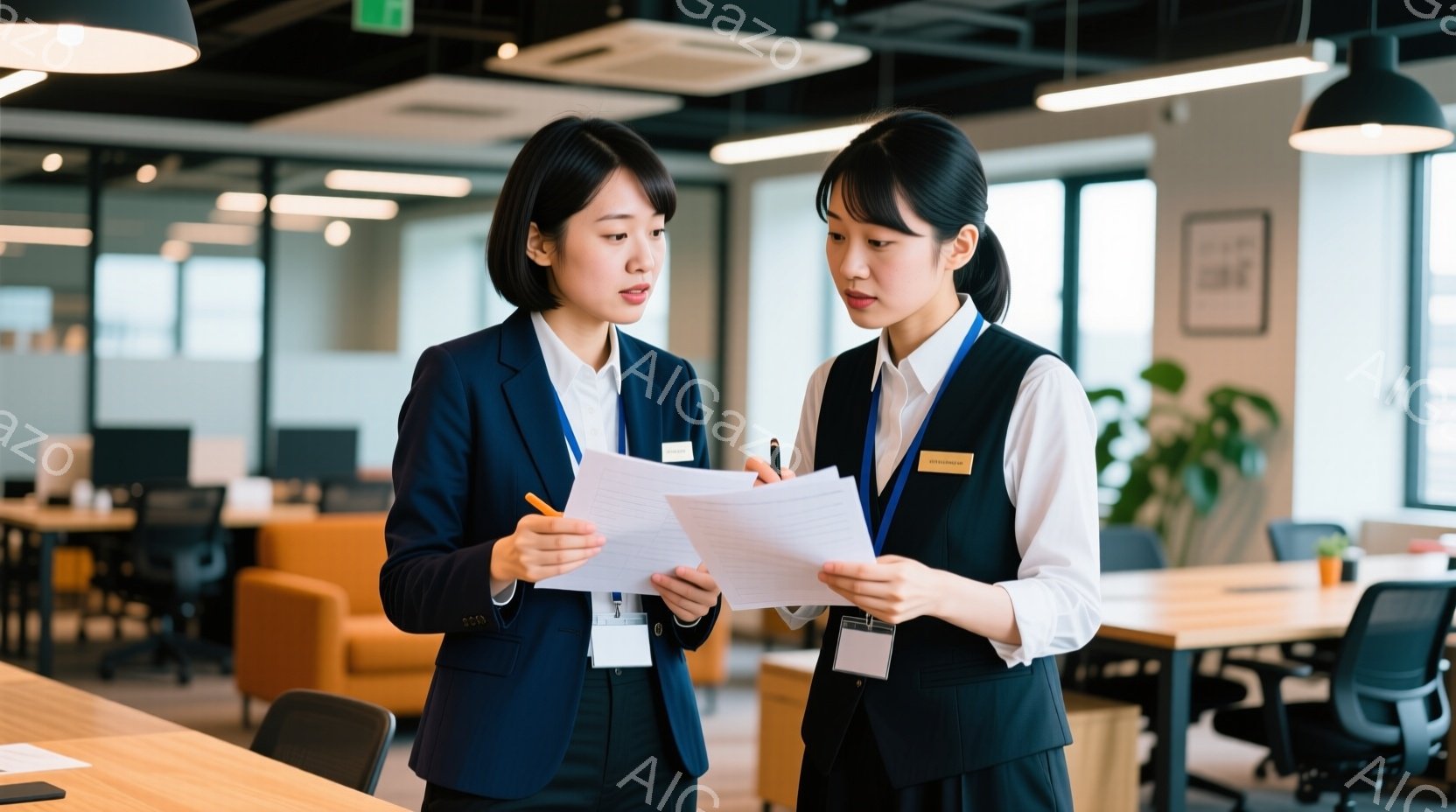 2人の女性が書類を見ながら話し合っています。彼女たちはどちらも黒のベスト、白のシャツ、そしてネイビーのジャケットを着用しており、身につけたIDカードが目立ちます。背景にはオレンジ色のソファやオフィス家具が見え、明るくモダンなオフィス空間であることがわかります。