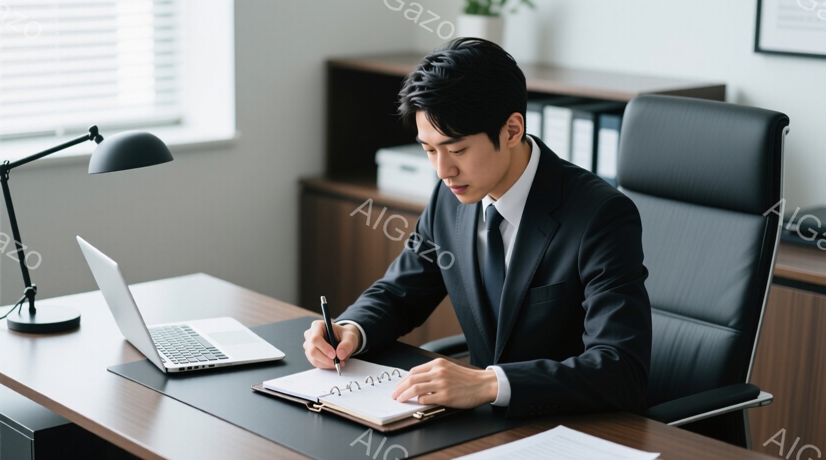 黒いスーツにネクタイを締めた男性が、机に向かってノートに何かを書き込んでいる。彼は真剣な表情で、姿勢良く椅子に座り、集中して作業に取り組んでいるようだ。背景には、パソコンや書類などが置かれた整理整頓されたオフィスの一室が広がり、落ち着いた雰囲気である。