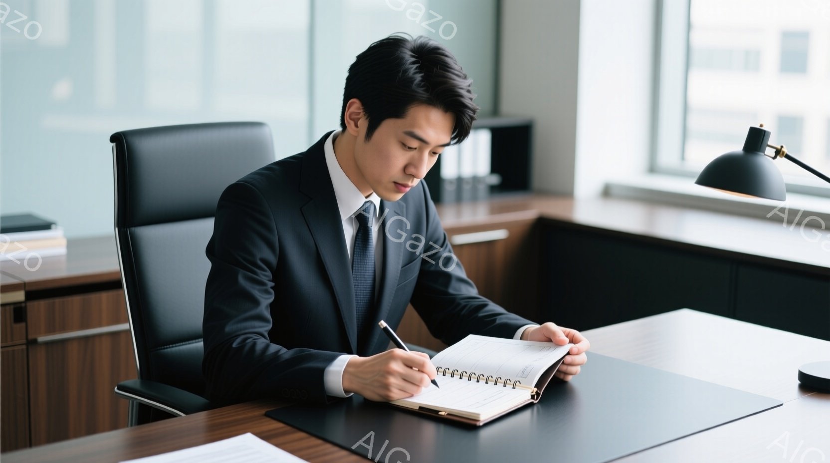 紺色のスーツにネクタイを締め、短く整えられた黒髪の男性が、オフィスでノートにペンで書き込んでいる。彼は椅子に座り、やや前かがみの姿勢で集中して作業に取り組んでいるようだ。背景には木製のデスクとオフィス - AI生成フリー素材