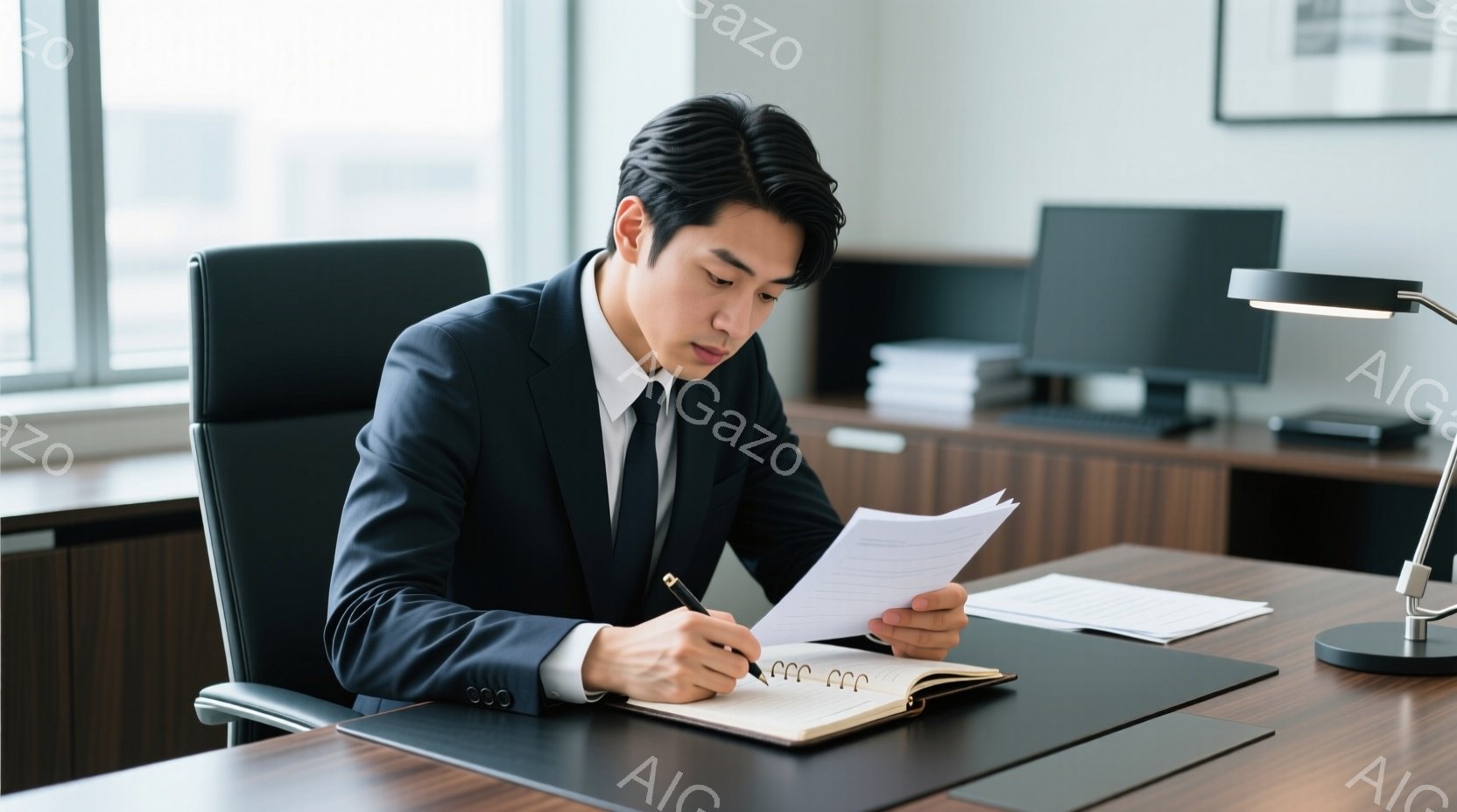 スーツを着た若い男性が、オフィスで書類にペンで書き込みをしています。彼は真剣な表情で前かがみになり、開いたノートパソコンと書類が置かれた木製の机に向かっています。背景には、窓から差し込む光と、オフィス内の他の書類や事務機器が見えます。