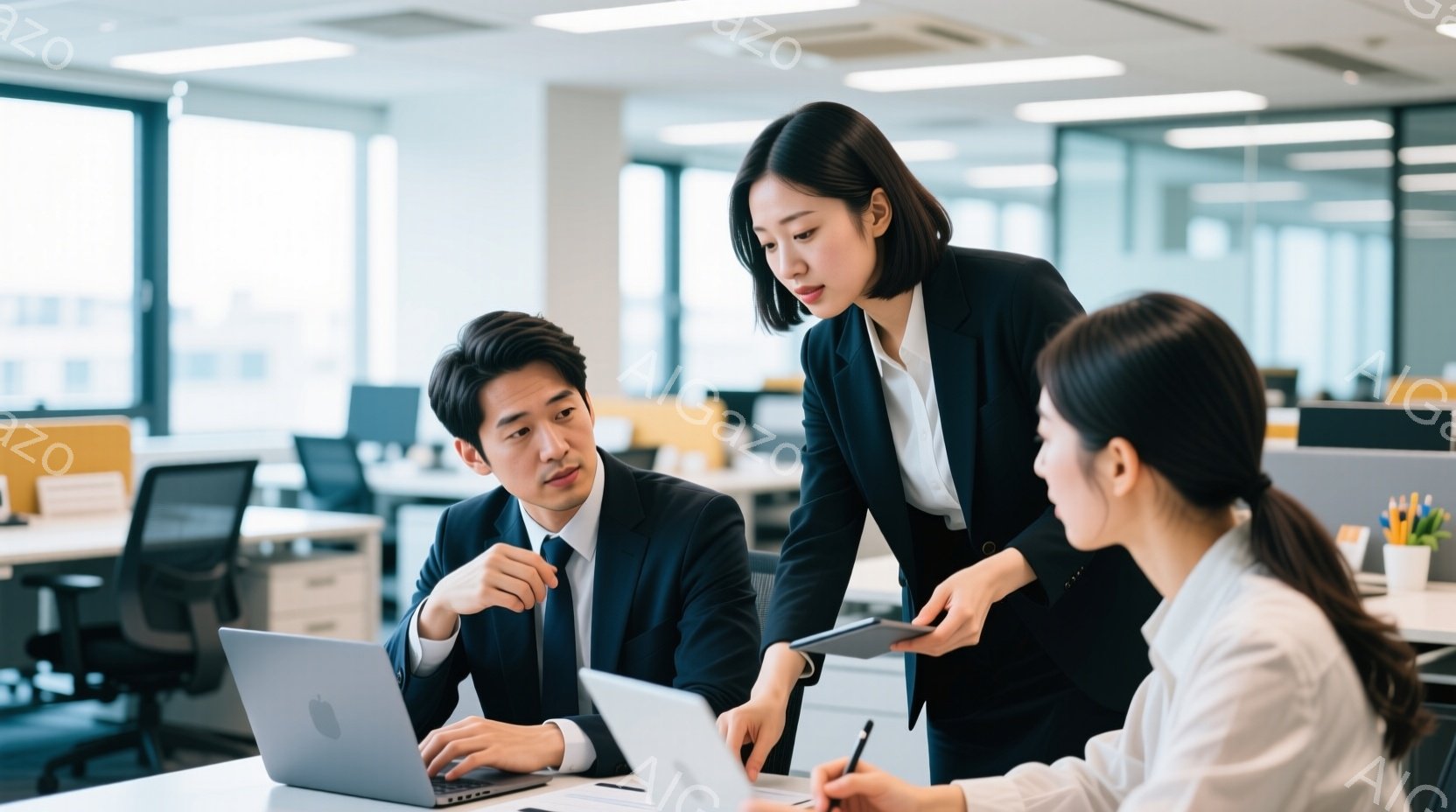３人のビジネスパーソンがオフィスで打ち合わせをしている様子が写っている。男性は紺色のスーツを着ており、ノートパソコンに向かい、顎に手を当てて何かを考えているようだ。女性は黒いスーツを着てタブレットを見 - AI生成フリー素材