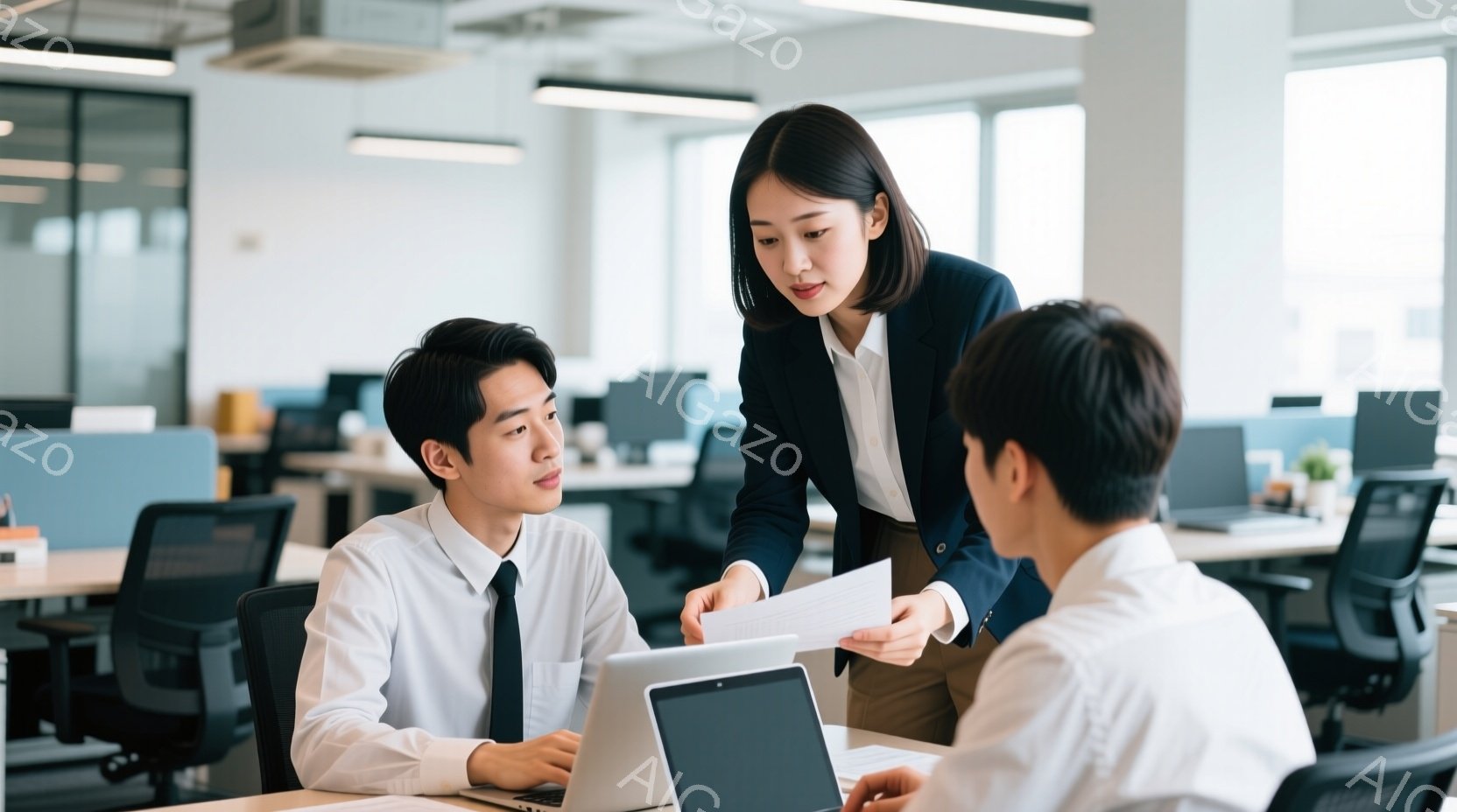 ひとりの女性が、オフィスで書類を手にしながら、パソコンに向かった二人の男性に何かを説明している様子が写っている。女性は紺色のジャケットと白いブラウスを着ており、髪は後ろでまとめて上品な印象である。オフィスはモダンな内装で、多くのデスクと椅子が整然と並び、明るく開放的な雰囲気である。