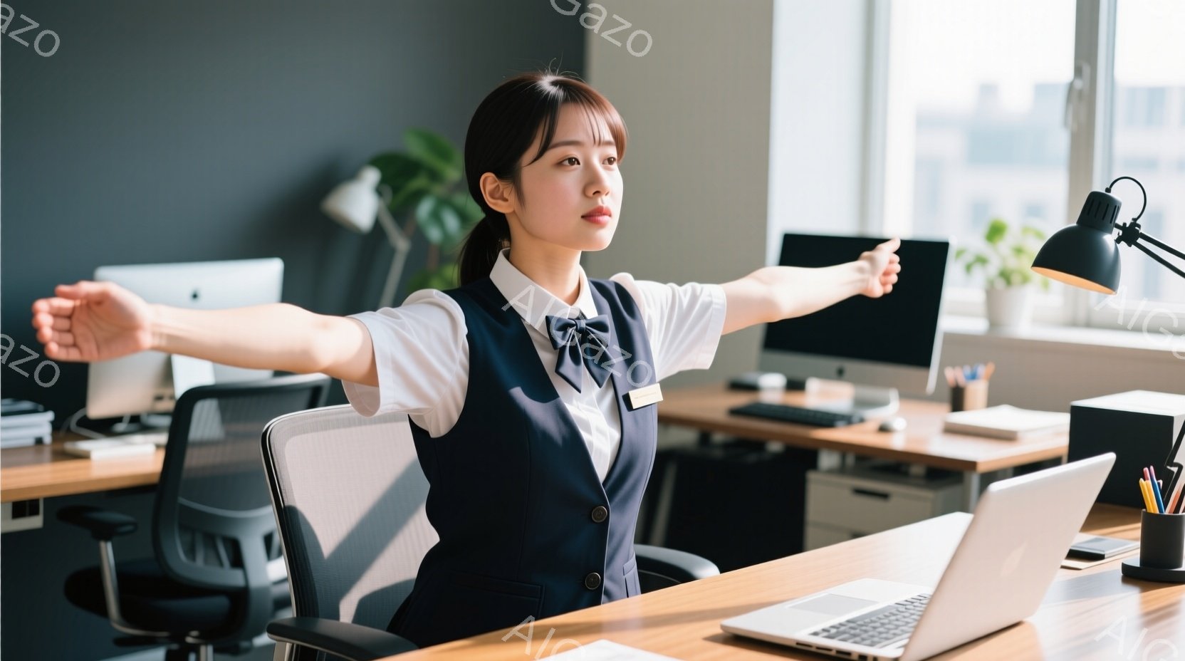オフィスに座っている女性は、白いブラウスと濃い青のベストを着用し、ネクタイを結んでいます。彼女は両腕を横に広げ、ストレッチをしているようで、リラックスした表情をしています。背景には、机、コンピュータ、 - AI生成フリー素材