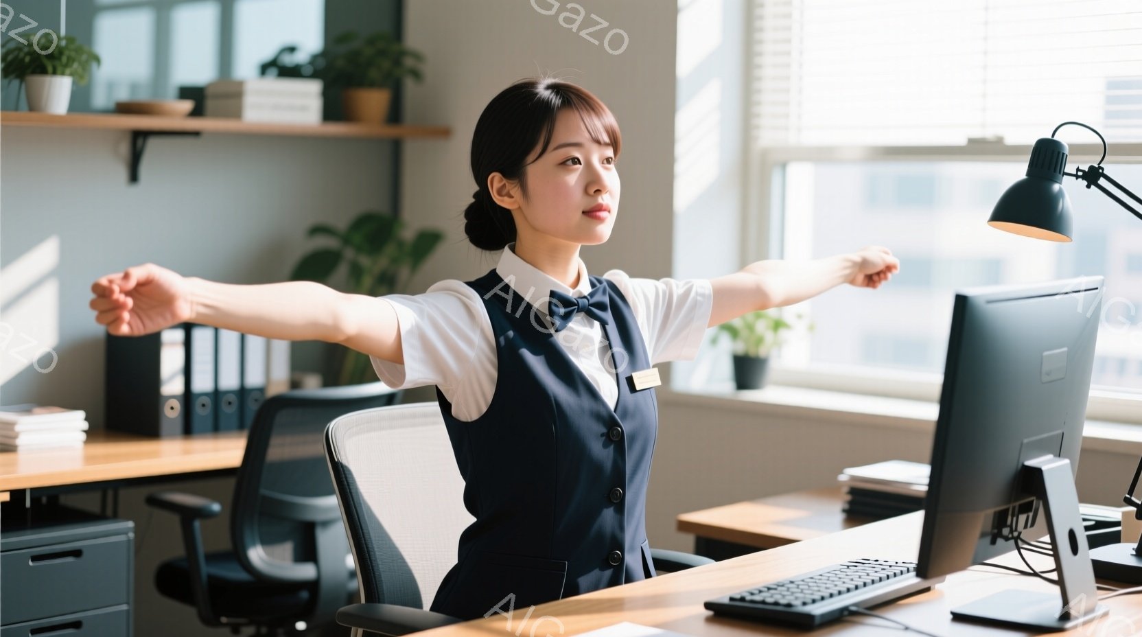 オフィスで女性がストレッチをしている様子が写っています。彼女は白いブラウスに濃い青色のベスト、そして名札をつけており、髪は後ろで一つにまとめています。明るい窓から差し込む光がオフィスを照らし、落ち着い - AI生成フリー素材