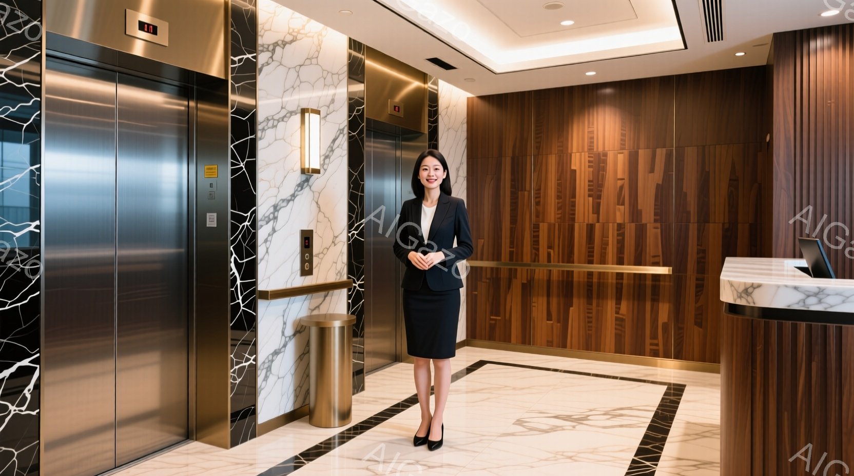グレーのストライプ模様の壁の前で、黒いスーツと膝丈のスカートを着た女性が立っています。彼女は微笑んでおり、姿勢はまっすぐで自信に満ち溢れています。背景には、大理石の床と装飾的な壁があり、高級感のあるホ - AI生成フリー素材