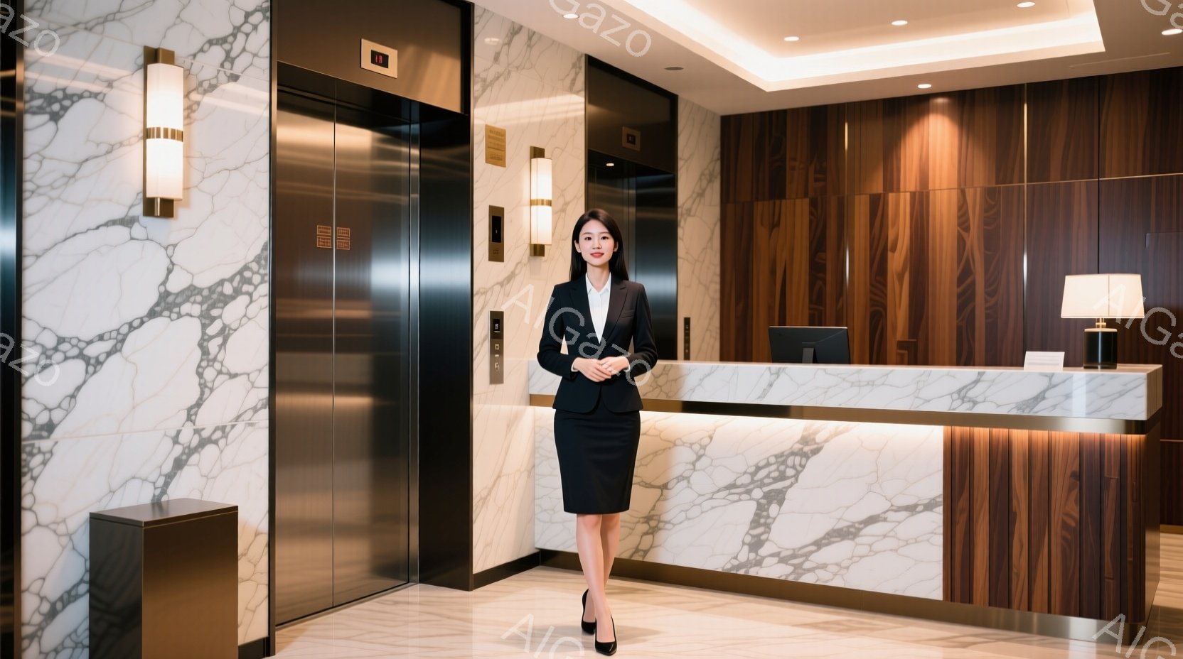 彼女は黒いスーツと膝丈のスカートを着用し、黒いパンプスを履いています。姿勢はまっすぐで、自信に満ちた表情で正面を向いています。背景には大理石調の受付カウンターと、両脇に設置された照明があり、モダンで高 - AI生成フリー素材