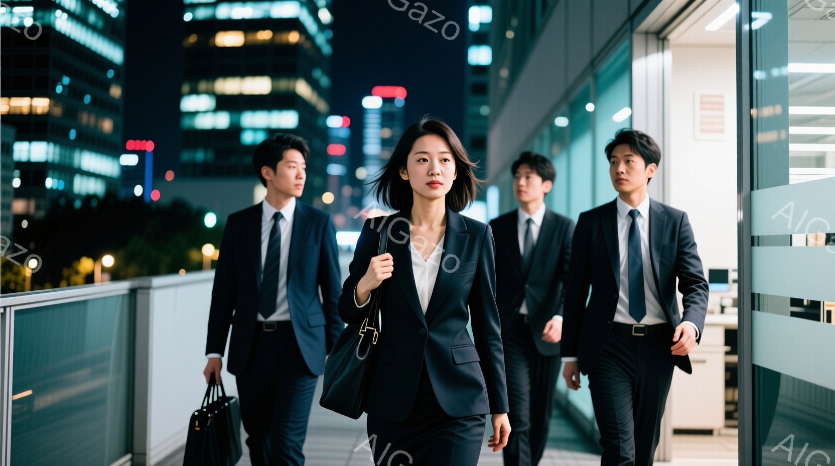 紺色のスーツを着た女性が、他の男性社員を先導して歩いている。彼女は軽く微笑み、自信に満ちた表情で、髪は肩にかかる長さで自然に流れている。背景には夜景のビル群が広がり、雨上がりのアスファルトが光を反射しており、現代的で洗練された雰囲気が漂う。