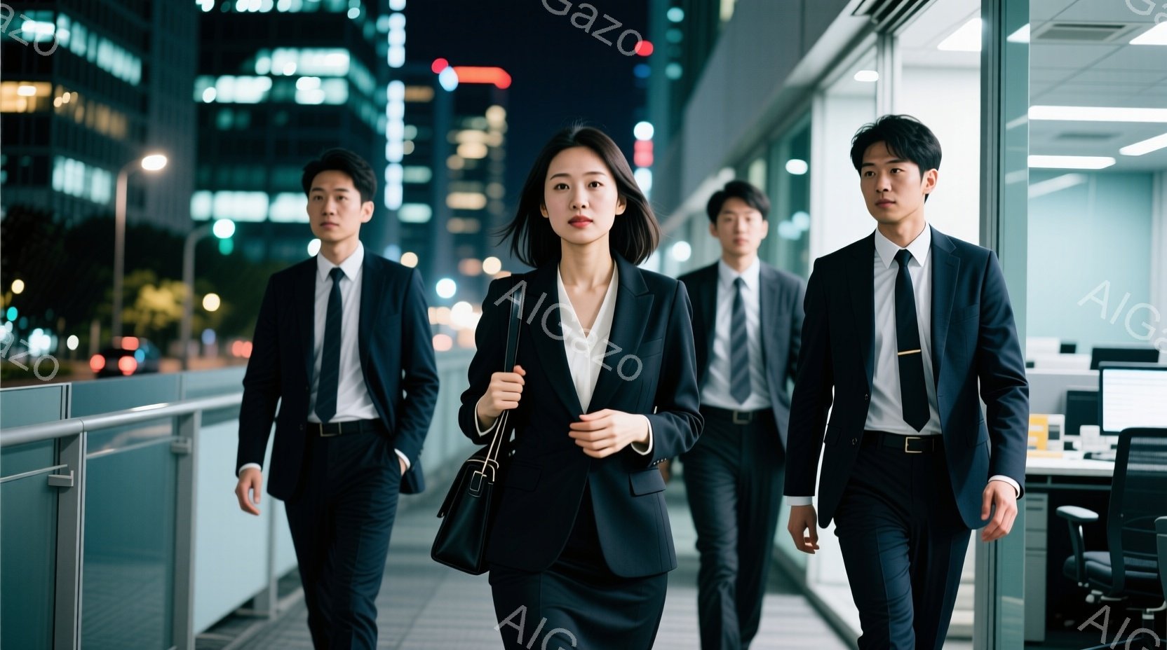 三人のビジネスパーソンが、オフィス内を歩いている様子が写っている。全員黒いスーツにネクタイ姿で、女性は黒いハンドバッグを肩にかけ、男性は手を腰に当てている。背景には夜景の見える高層ビル群と、オフィス内 - AI生成フリー素材