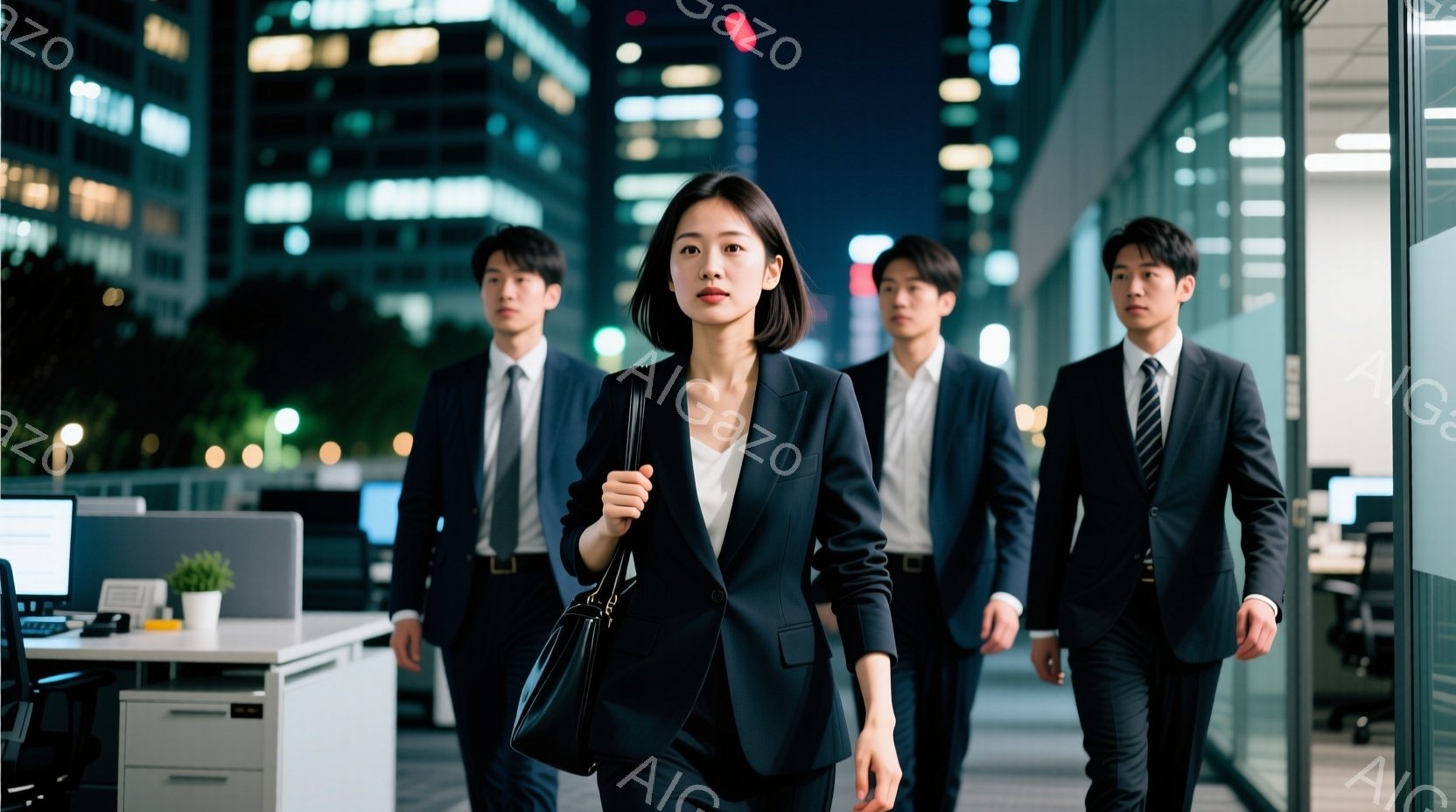 スーツ姿の男女がオフィス内を歩いている。女性は黒のスーツに白いブラウスを合わせ、ショートヘアで表情は真剣だ。背景には高層ビル群が広がり、夜間である事がわかる。