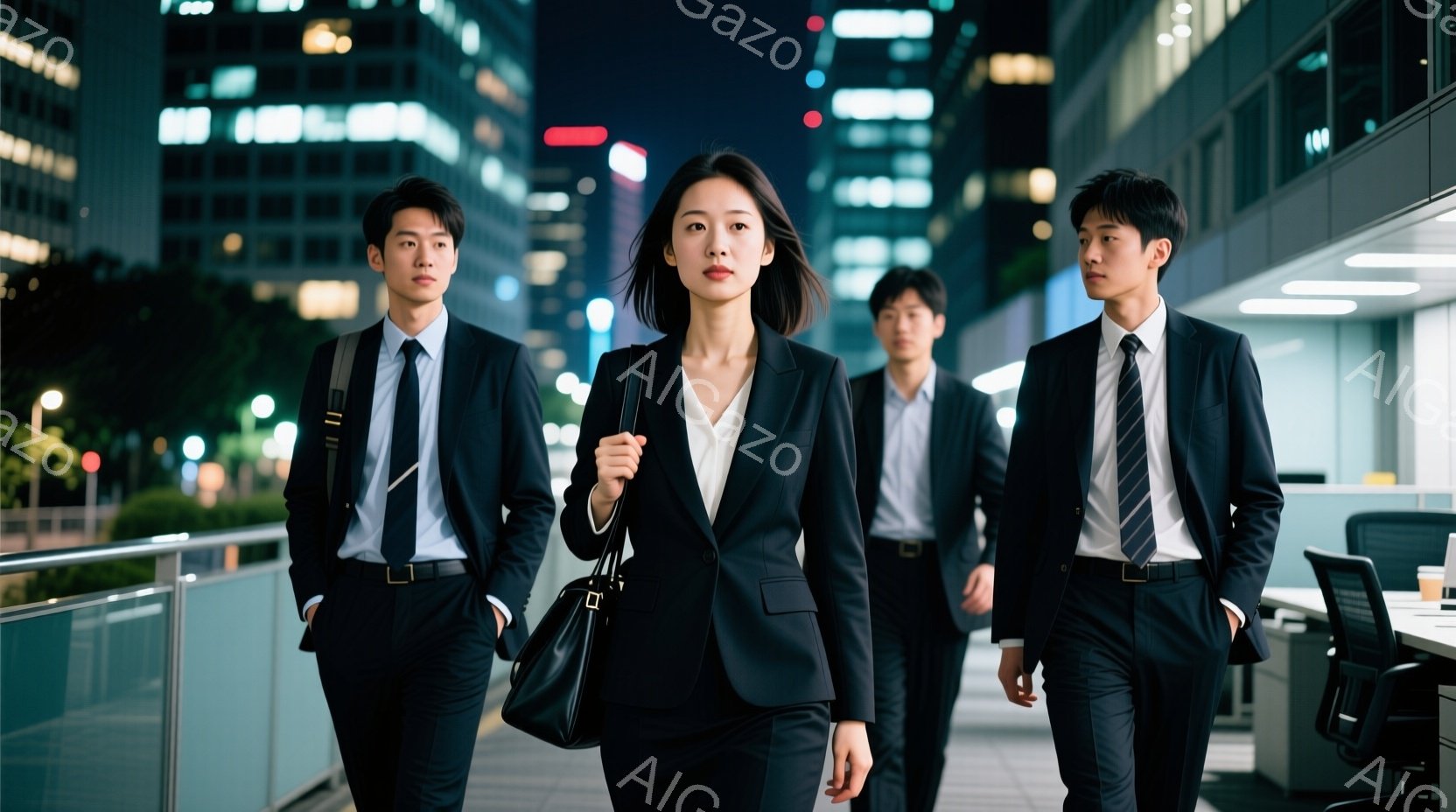 スーツ姿の男女がオフィスビルの廊下を歩いている。女性は黒いスーツと白いシャツを着用し、肩に黒いバッグをかけている。背景には明るいオフィスと夜景が広がり、全体的にプロフェッショナルで洗練された雰囲気が漂っている。