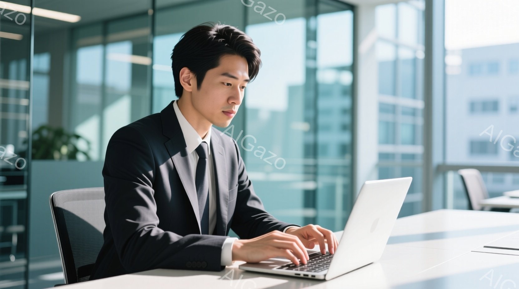 ビジネスマンが白いシャツに黒いスーツ、ネクタイ姿で、オフィスでノートパソコンを操作している。彼は少し前かがみの姿勢でタイピングに集中しており、表情は真剣だ。背景にはオフィス空間と窓から見える近代的な建物が見え、明るく清潔な雰囲気が漂っている。