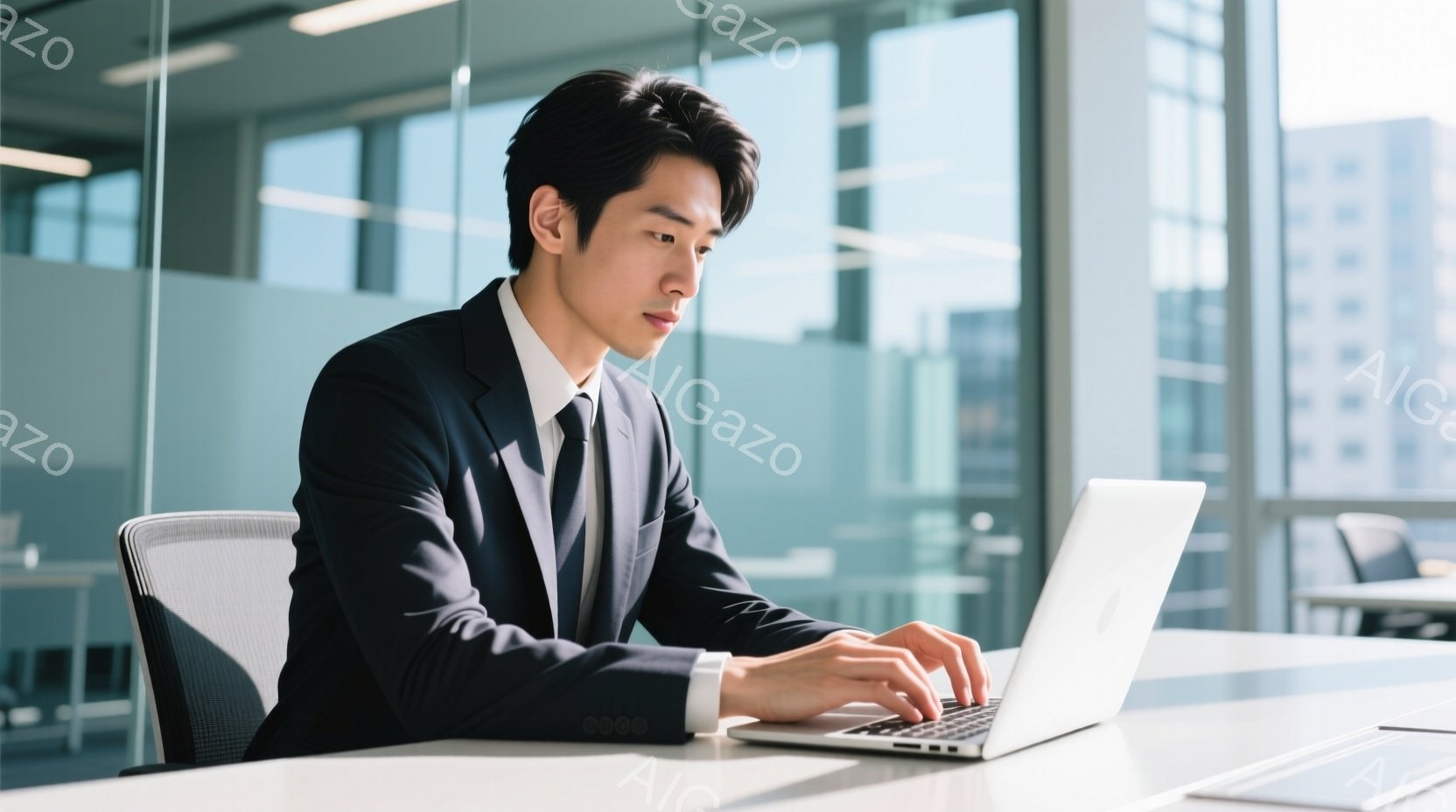 紺色のスーツにネクタイを締めた男性が、白いデスクでノートパソコンを操作している。彼の表情は真剣で、集中してタイピングしている様子がうかがえる。背景はオフィスで、大きな窓から自然光が差し込み、明るくモダンな雰囲気を醸し出している。