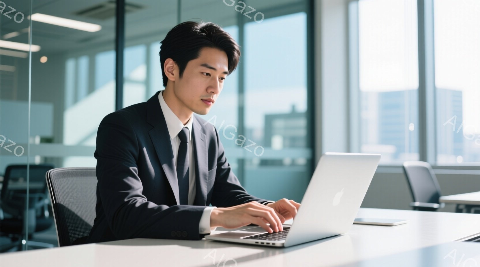紺色のスーツにネクタイを締めた男性が、白いデスクに向かってノートパソコンを操作している。彼は真剣な表情でキーボードを見つめ、姿勢は背筋が伸びており、プロフェッショナルな雰囲気を醸し出している。背景にはオフィス空間が広がり、大きな窓から都市の景色が見え、明るく開放的な印象を受ける。