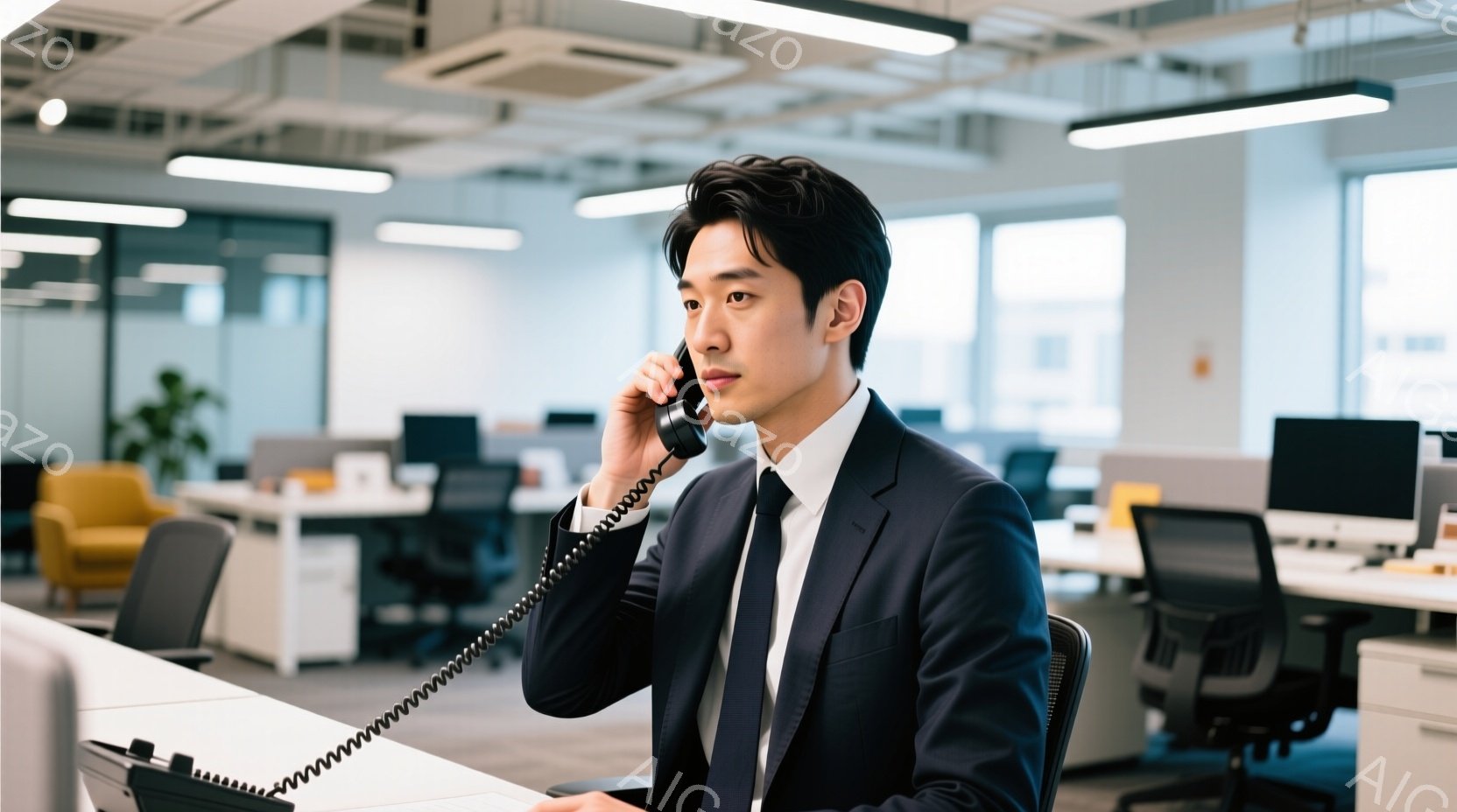 紺色のスーツにネクタイを締めた男性が電話に出ています。彼は椅子に座って少し前かがみになり、真剣な表情で通話に集中しています。背景には、他のオフィスワーカーが座るデスクや、モダンなオフィス空間が広がっており、全体的にプロフェッショナルで落ち着いた雰囲気です。