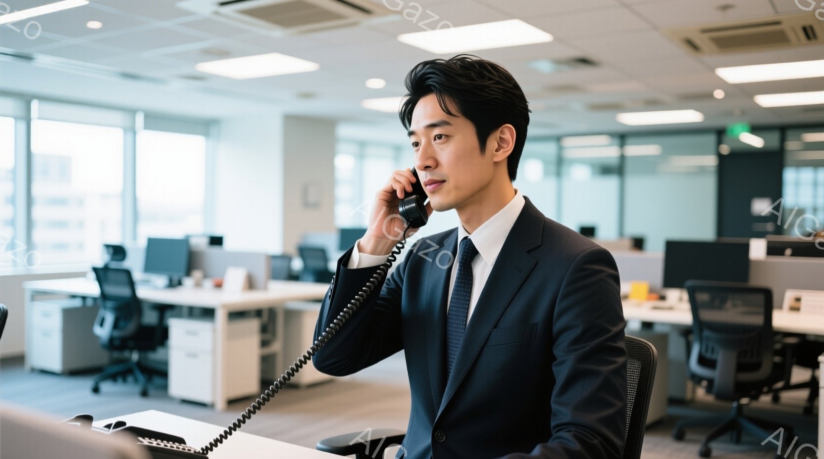 紺色のスーツとネクタイを着用した男性が、オフィスで電話を受けている。彼は少し微笑んでおり、真剣な表情で話を聞いているように見える。背景はオフィスで、他のデスクやオフィス機器が見え、全体的に清潔でプロフ - AI生成フリー素材