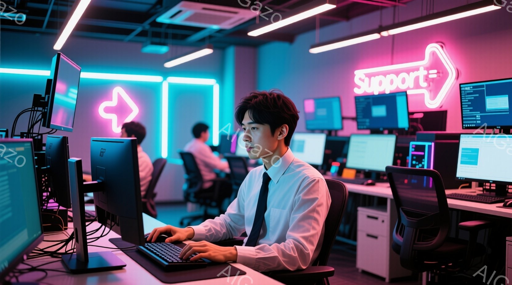 若い男性がオフィスでコンピューターに向かって作業しています。彼は白いシャツにネクタイを締め、黒いキーボードとマウスを使用しています。背景には他の従業員やネオンサインの「Support」の文字が見え、現代的で活気のある雰囲気です。