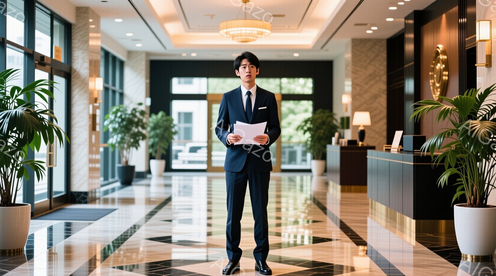 スーツを着た若い男性が、ホテルのロビーで書類を手に立っている。彼は黒い髪をきれいに整え、真剣な表情で正面を見つめている。背景には、磨かれた大理石の床、豪華なシャンデリア、そして観葉植物が配置され、洗練された雰囲気の空間が広がっている。