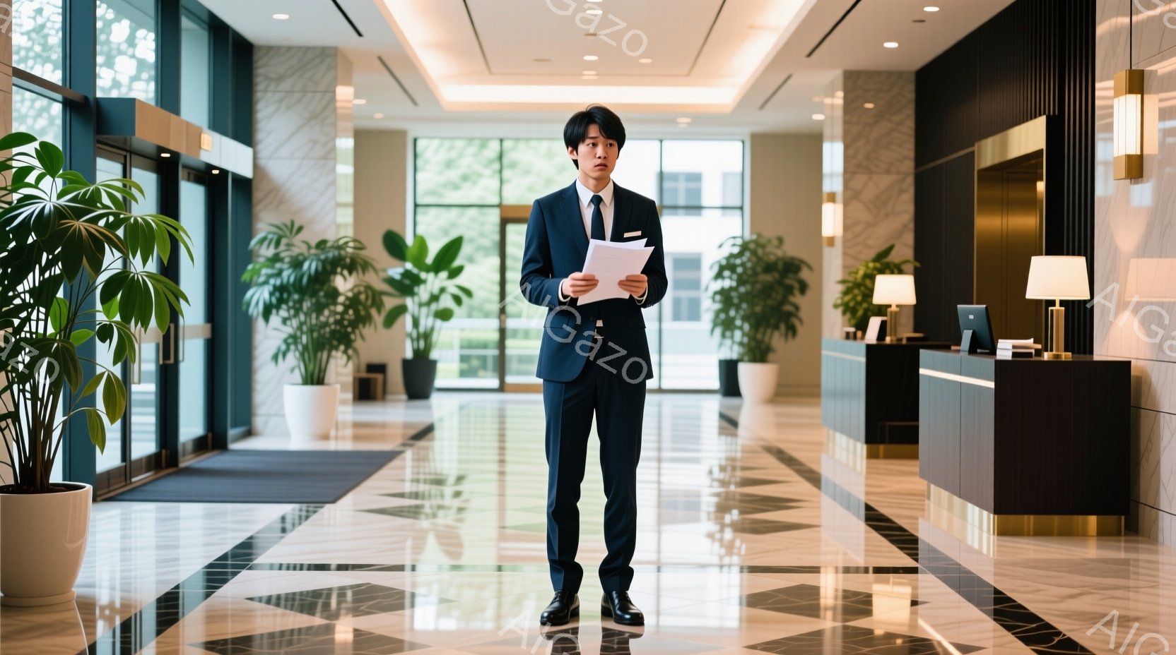 スーツ姿の若い男性が、明るいロビーで書類を手に立っている。彼は黒いスーツに青いネクタイを締め、短髪で真剣な表情をしている。背景には、白い花が咲く観葉植物が並び、光沢のある大理石の床が印象的で、清潔感の - AI生成フリー素材