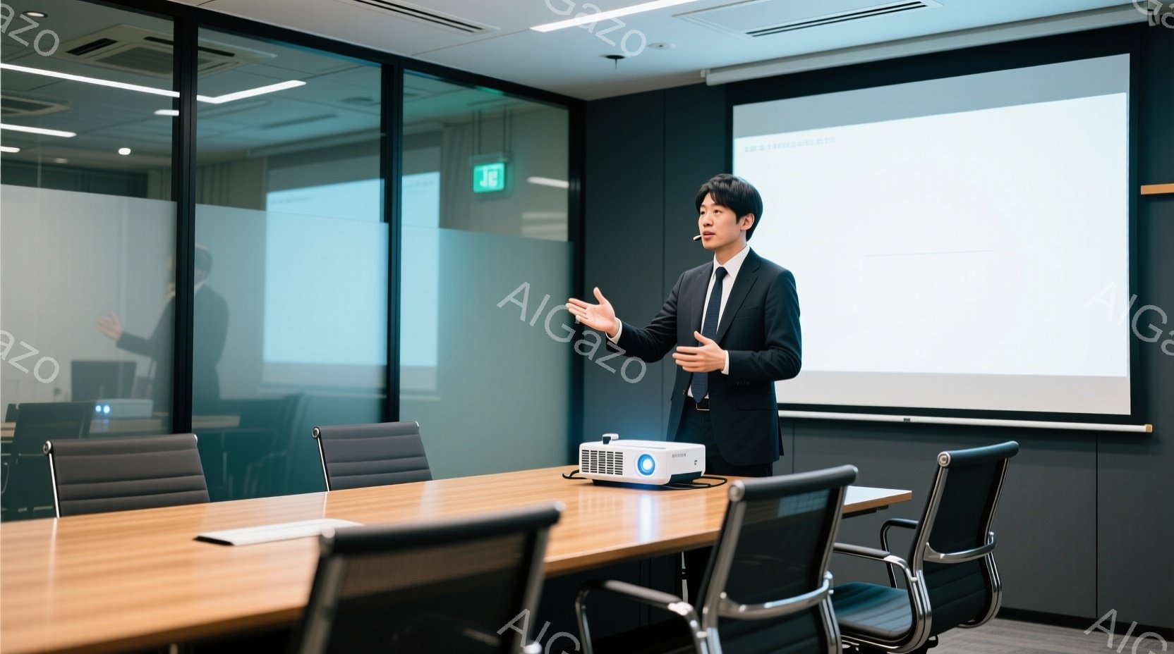 紺色のスーツにネクタイを締め、黒髪を短く整えた男性が、会議室でプレゼンテーションをしている。彼は右手を広げ、何かを説明している様子で、表情は真剣そのものだ。背景には白い壁と会議テーブル、そしてプロジェクターがあり、全体的にビジネスライクで落ち着いた雰囲気である。