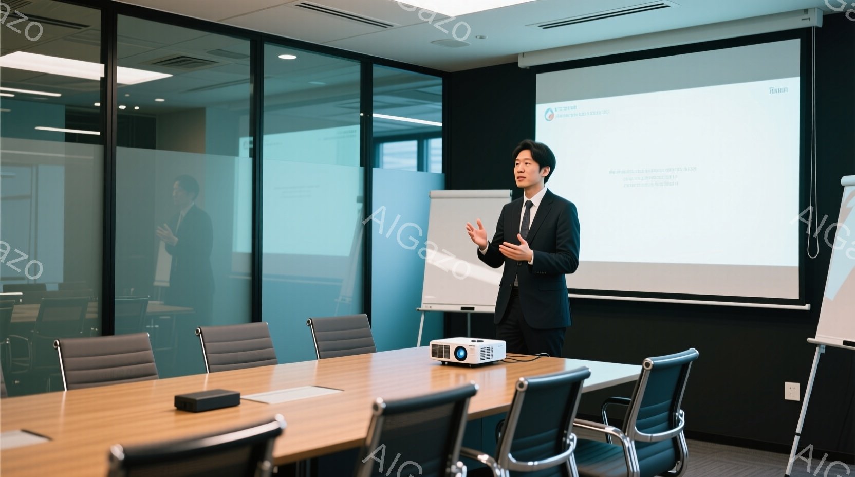 一人の男性が会議室でプレゼンテーションをしている様子が写っている。彼は黒いスーツにネクタイ姿で、少し微笑みながら両手を広げて何かを説明しているようだ。背景にはガラス張りの壁と会議テーブル、そしてプロジ - AI生成フリー素材