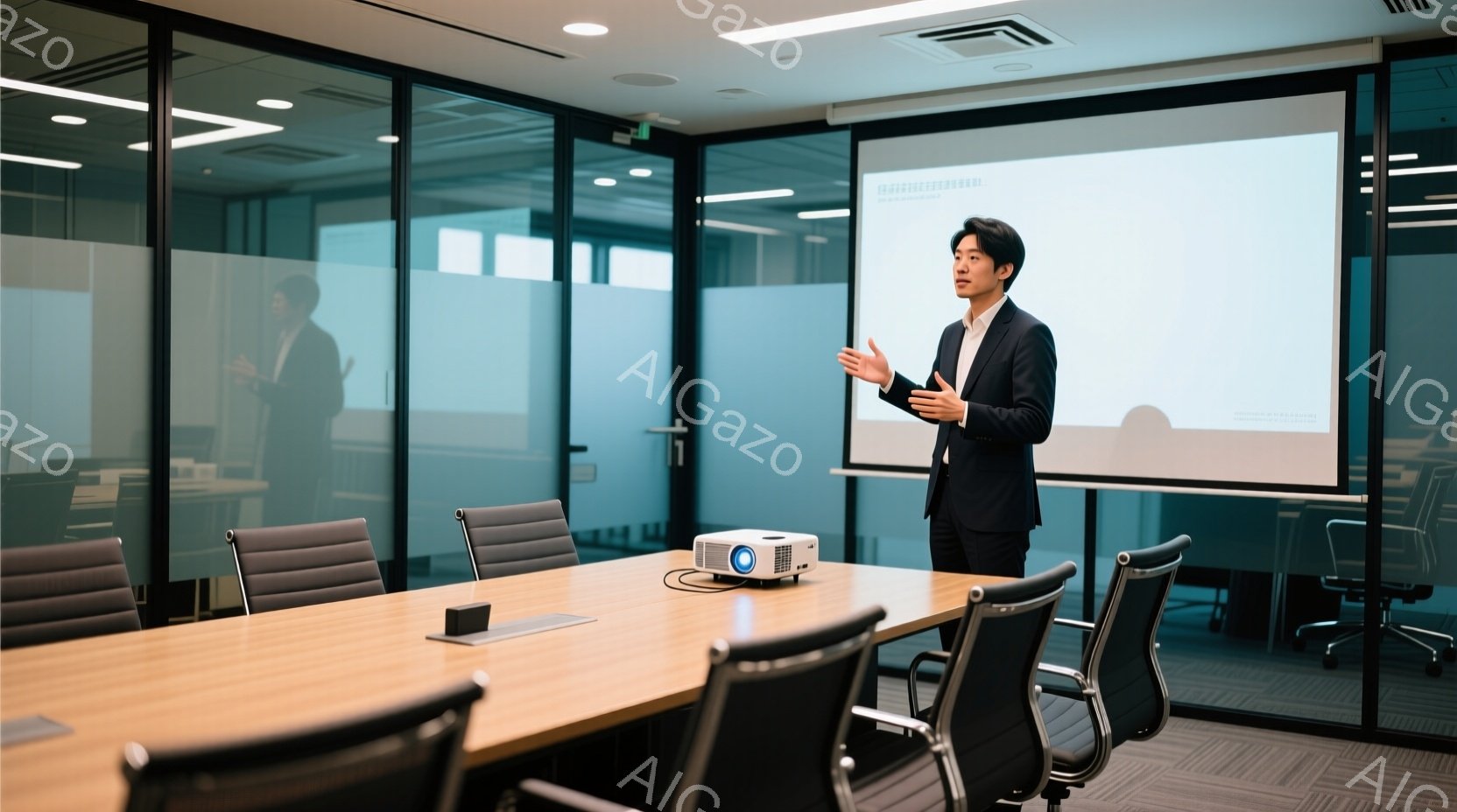 広い会議室で、一人の男性がプレゼンテーションをしている。彼は黒いスーツを着ており、髪は短く整えられ、真剣な表情で両手を広げて説明しているように見える。背景には大きな窓があり、壁にはモダンなデザインが施 - AI生成フリー素材