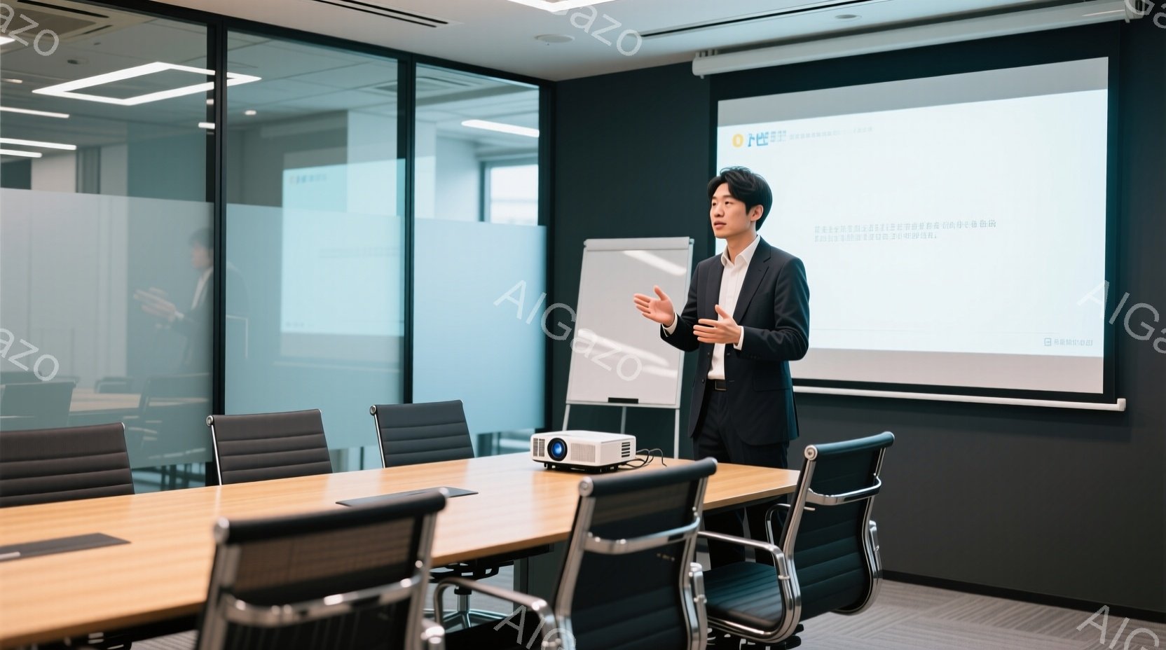 会議室で、黒いジャケットと白いシャツを着た男性がプレゼンテーションをしている。彼は穏やかな表情で、片手を広げて何かを説明している様子で、姿勢もリラックスしている。背景には白板があり、いくつかの文字が書 - AI生成フリー素材