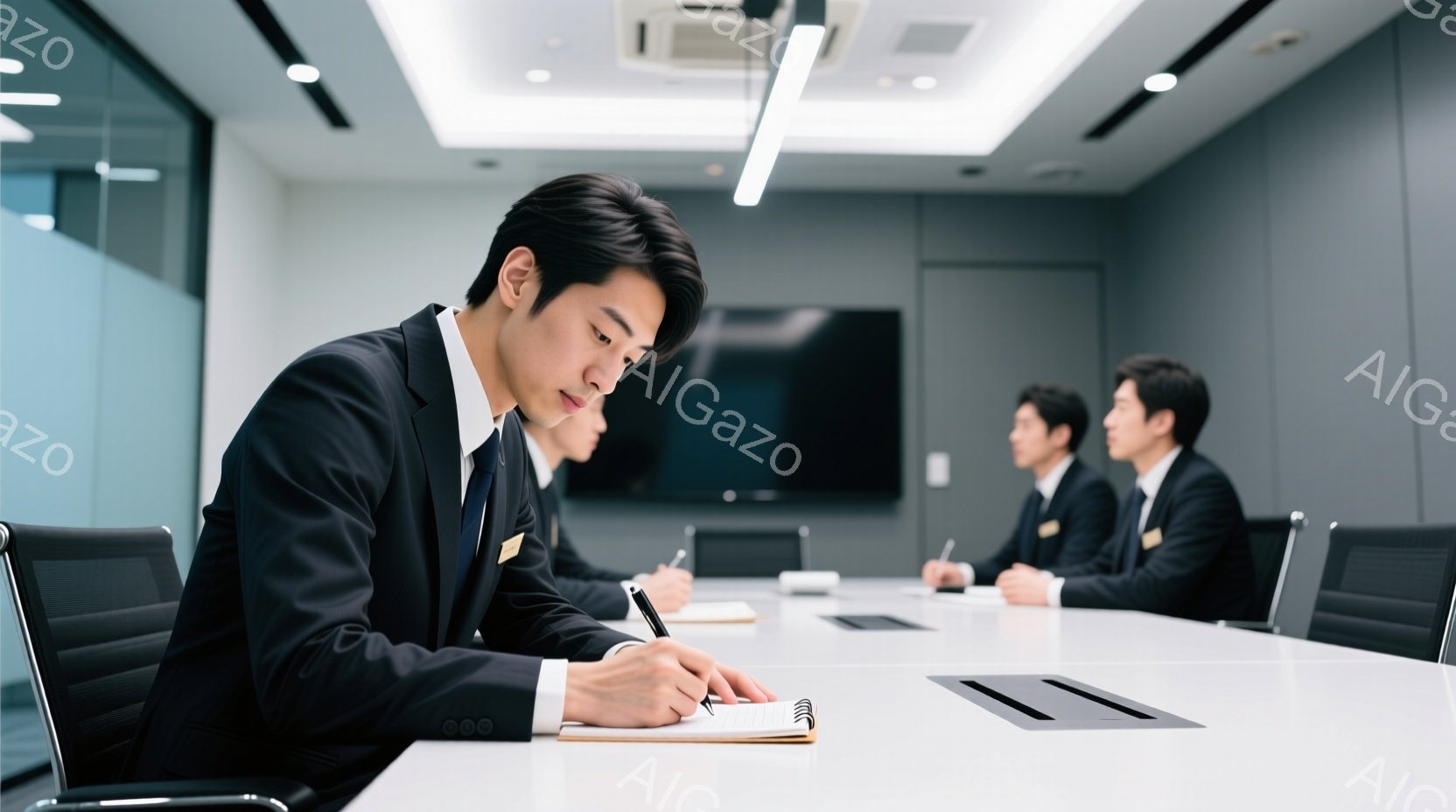 複数のビジネスマンが会議室で集まっており、一人がノートに書き込んでいる。彼らは皆、黒いスーツに白いシャツ、ネクタイ姿で、真剣な表情で会議に参加しているようだ。室内は白を基調としたモダンなデザインで、大 - AI生成フリー素材