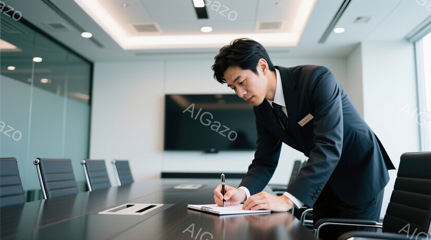 紺色のスーツにネクタイを着用した男性が、会議テーブルでペンを手に何かを書き込んでいる。彼はやや前かがみの姿勢で、集中した表情をしている。背景は広い会議室で、黒い椅子と大きなスクリーンが見え、全体的に落 - AI生成フリー素材