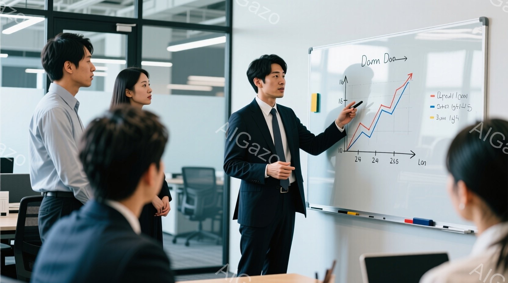 スーツ姿の男性がホワイトボードの前で説明しており、他の数人のビジネスパーソンが彼を見つめています。男性は黒髪で、真剣な表情でホワイトボード上のグラフを指しています。室内はオフィスのような空間で、机や椅 - AI生成フリー素材