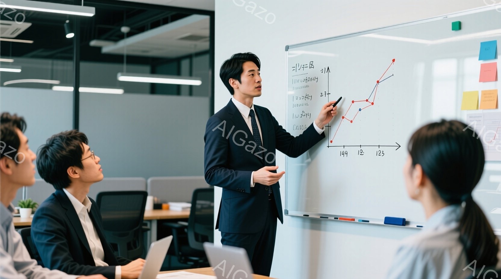 紺色のスーツを着た男性がホワイトボードの前で説明しています。彼は右手を上げてホワイトボード上のグラフを指しており、真剣な表情で何かを説明しているようです。背景には、ラップトップを開いて話を聞いている同僚や、オフィス内の他の人々が見え、全体的に活気のあるビジネスシーンを表現しています。
