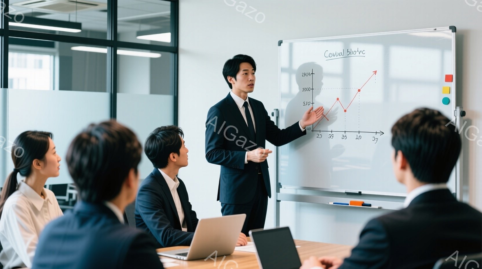 ビジネス会議の様子で、一人の男性がホワイトボードの前でプレゼンテーションを行っている。彼は黒いスーツとネクタイを着用し、指でグラフを指し示している。参加者たちはテーブルを囲んでノートパソコンを前に、熱 - AI生成フリー素材