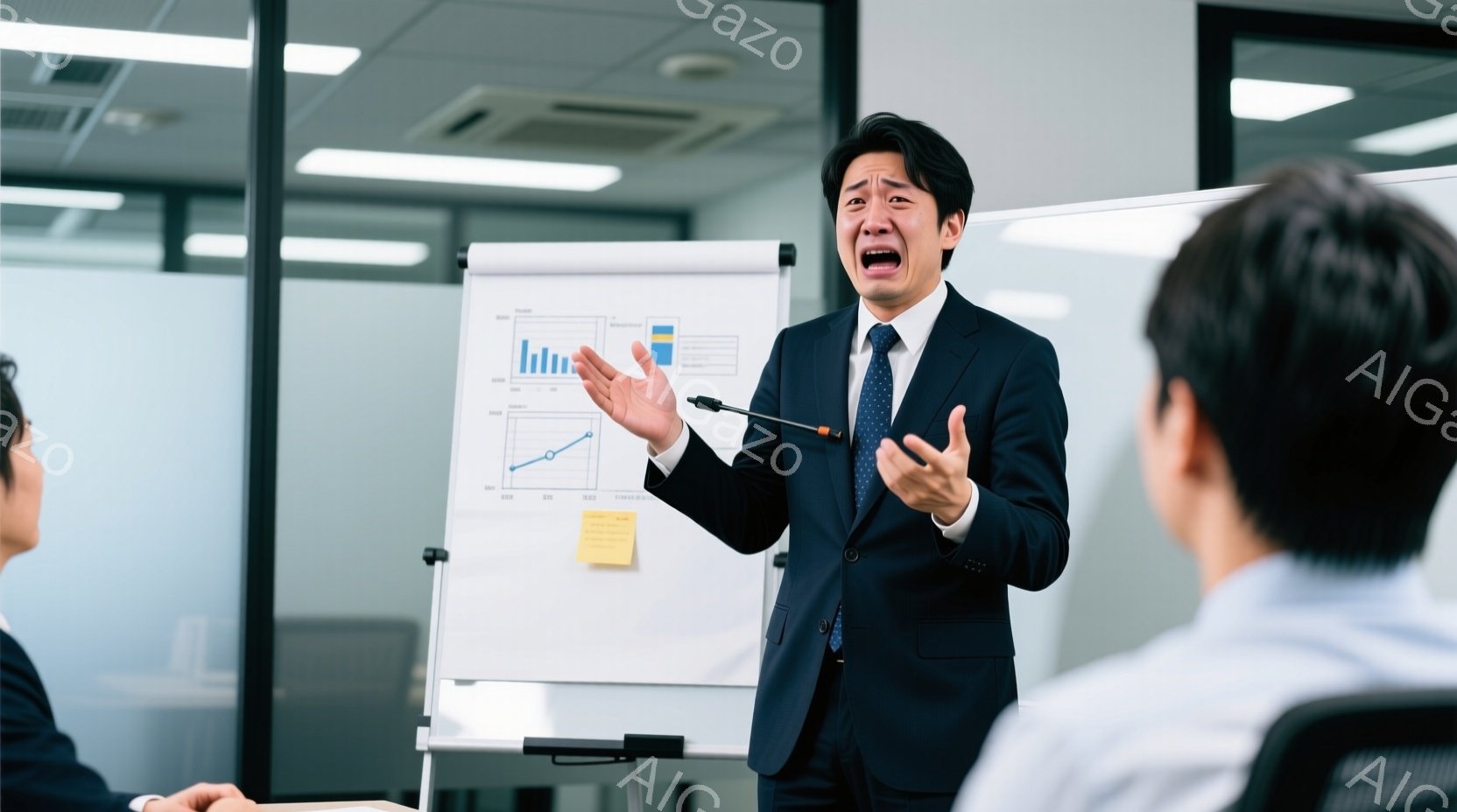 スーツを着た男性がプレゼンテーションをしている様子で、彼は手を広げ、強い表情で何かを説明しています。背景にはグラフが書かれたホワイトボードがあり、他の参加者は彼に注目しているようです。室内は明るく、オ - AI生成フリー素材