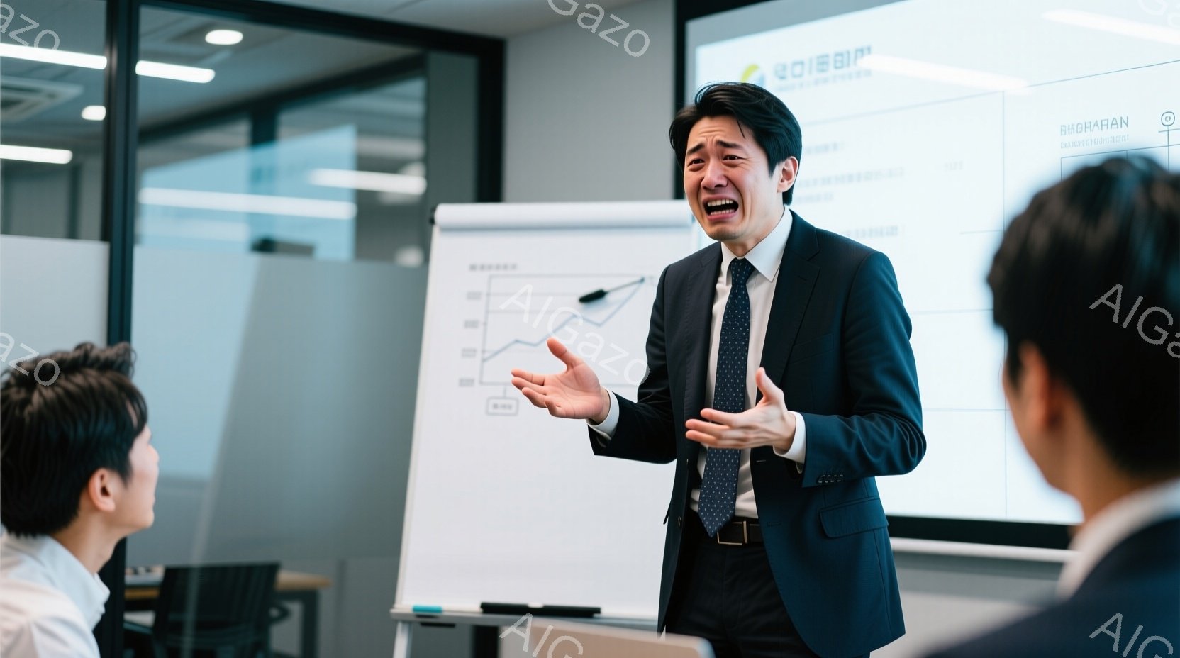 紺色のスーツを着た男性がホワイトボードの前で何かを説明しており、非常に熱心な表情で両手を広げています。彼の髪型は短髪で、眉間にしわが寄っており、情熱的に話している様子が伺えます。背景には、他の参加者や - AI生成フリー素材