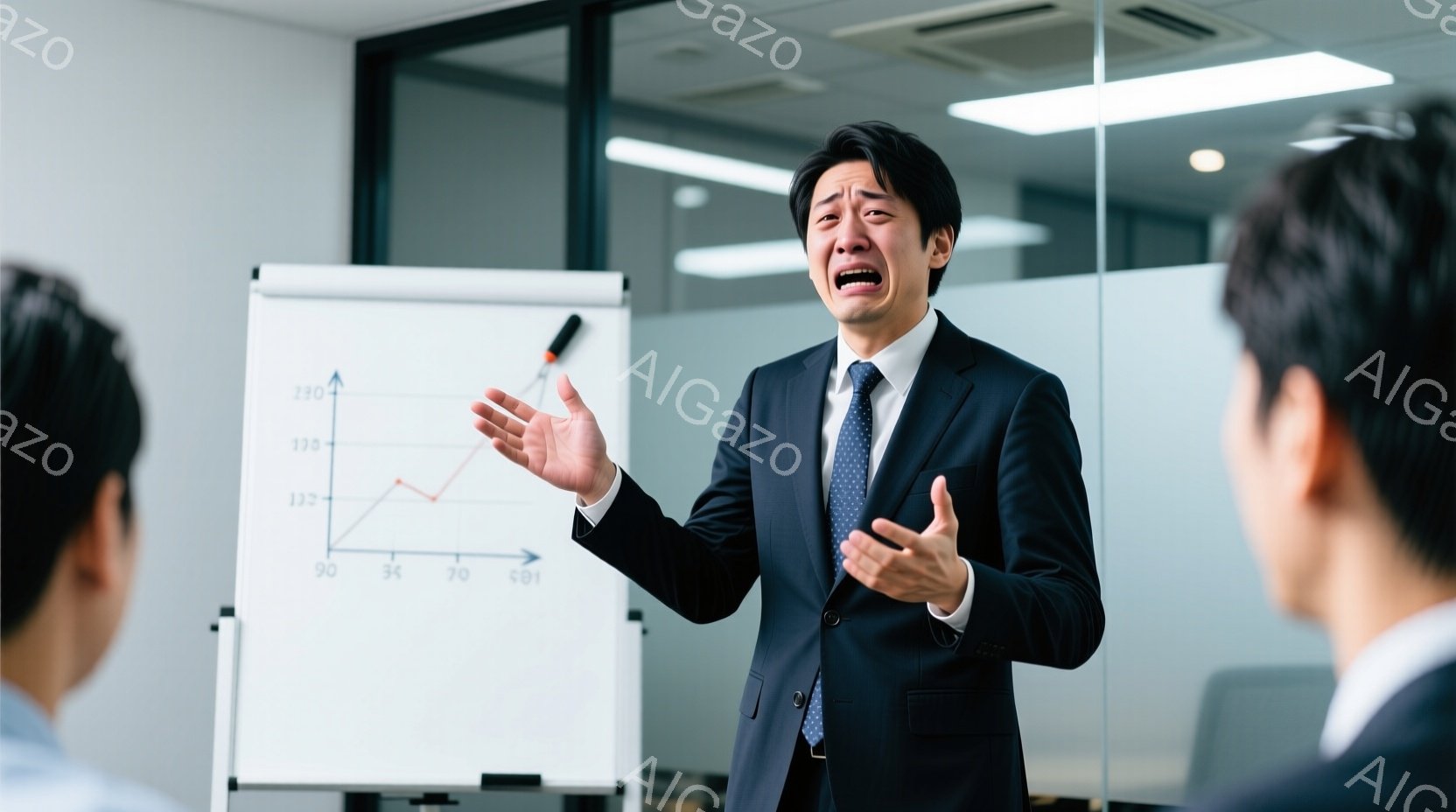 スーツを着た男性が、何かを非常に訴えるような表情で両手を広げています。彼の後ろには、グラフが描かれたホワイトボードがあり、彼を取り囲むように他の男性たちが座っています。部屋はオフィスらしく、白を基調とした清潔感のある空間で、緊迫した雰囲気を感じさせます。