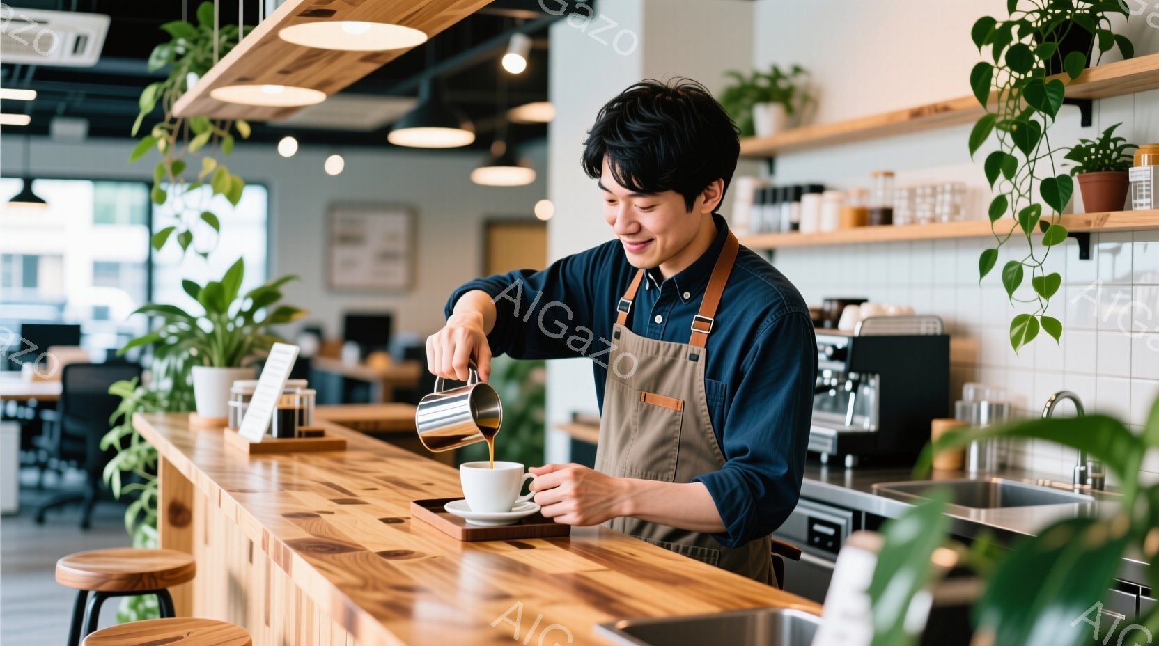 濃い青色のシャツに茶色のエプロンを着用した男性が、白いカップにミルクを注いでいる。彼は少し微笑んでおり、集中した表情で手元を見つめている。背景には木製のカウンターと棚、そして緑の植物が見え、明るく暖か - AI生成フリー素材