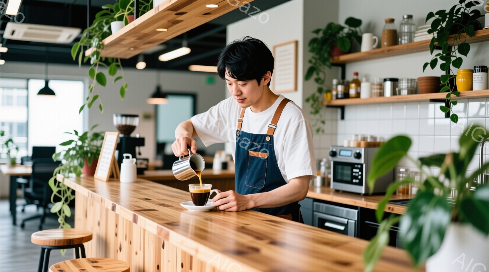 一人の男性がカフェのカウンターでコーヒーをカップに注いでいる。彼は白いTシャツに濃い青色のエプロンを着用し、短く整った黒髪をしている。背景には木製の棚や緑の植物が見え、明るく温かい雰囲気のカフェであることがわかる。
