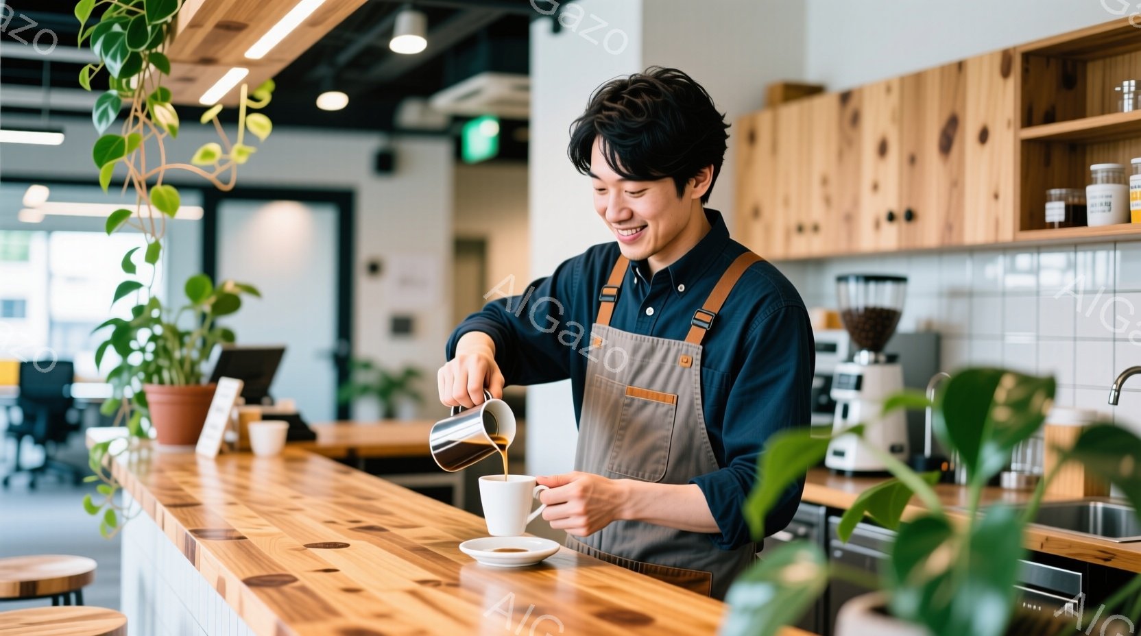 エプロンを着用した若い男性が、コーヒーをカップに注いでいる様子が写っています。彼は濃い青色のシャツを着ており、笑顔でコーヒーを注ぐ作業に集中しています。背景には木製のカウンターと棚、そして緑の植物があり、明るく温かいカフェの雰囲気が漂っています。