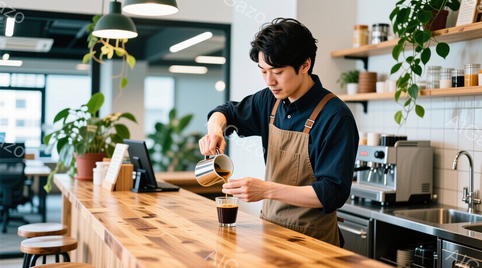 男はエプロンを着て、コーヒーをグラスに注いでいる。彼は黒髪で、少し微笑んでいるように見える。背景には木製のカウンター、コーヒーマシン、植物が見え、明るく清潔なカフェの雰囲気である。