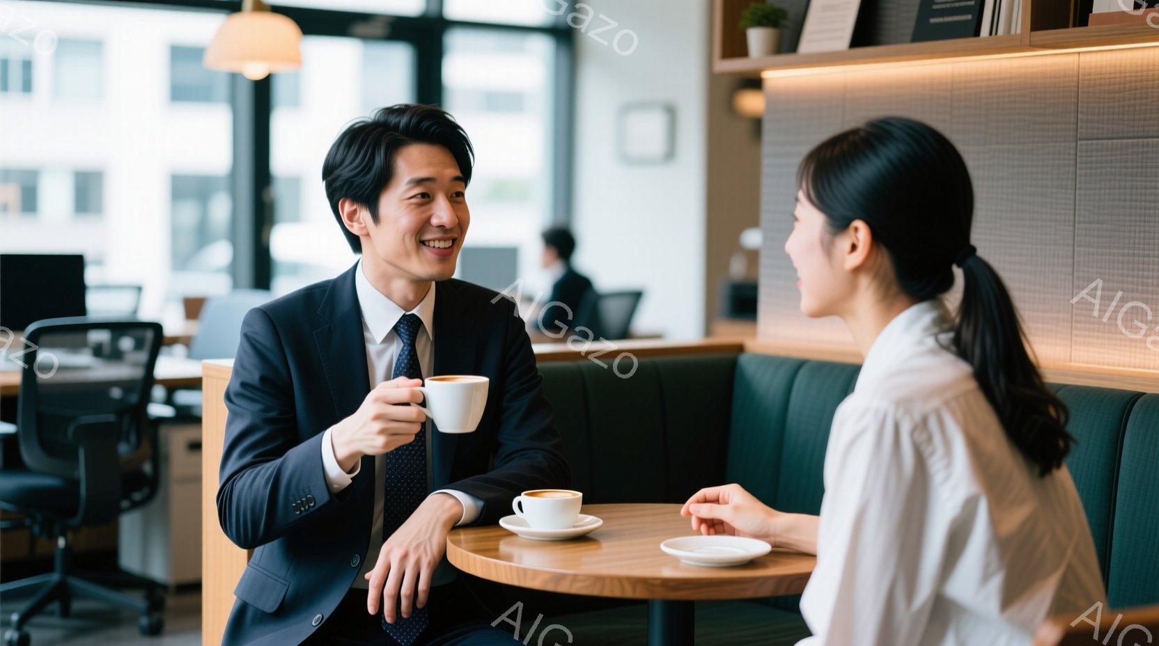 ビジネススーツを着た男性が、コーヒーカップを手に微笑んでいます。彼はリラックスした姿勢で、向かいに座る女性と会話を楽しんでいるようです。背景にはオフィスのような空間が広がり、モダンで明るい雰囲気が漂っ - AI生成フリー素材