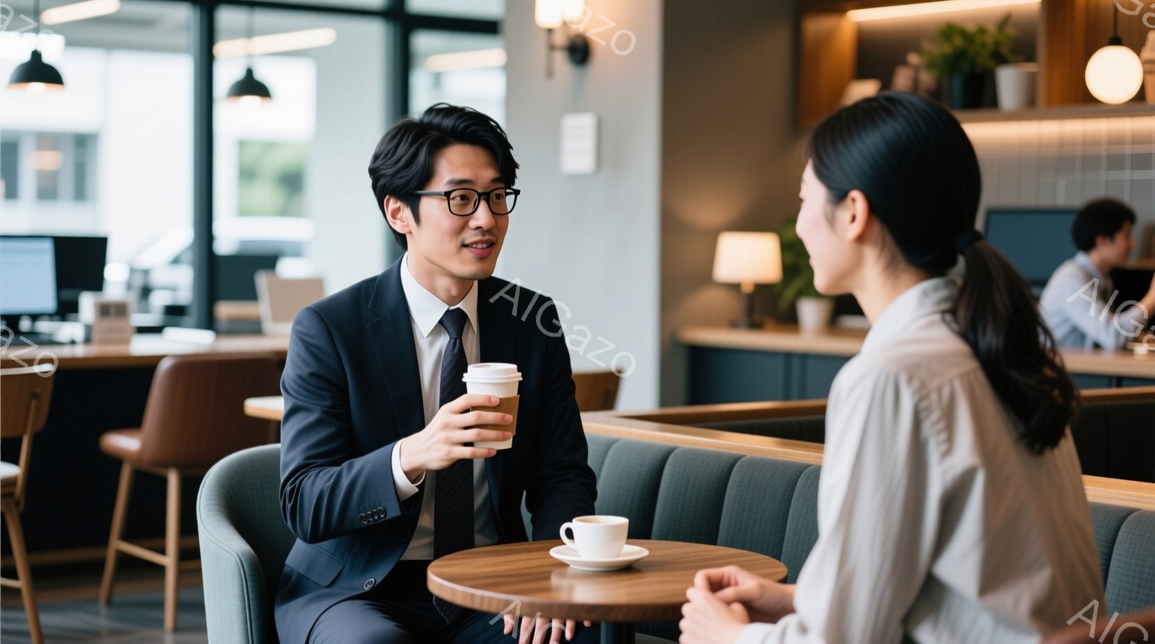 カフェのような場所で向かい合って座っている男女が写っています。男性は黒いスーツとネクタイを着用し、片手にコーヒーカップを持っています。女性は明るい色のブラウスを着ており、二人は会話を楽しんでいる様子で、背景にはカウンター席と植物が見えます。