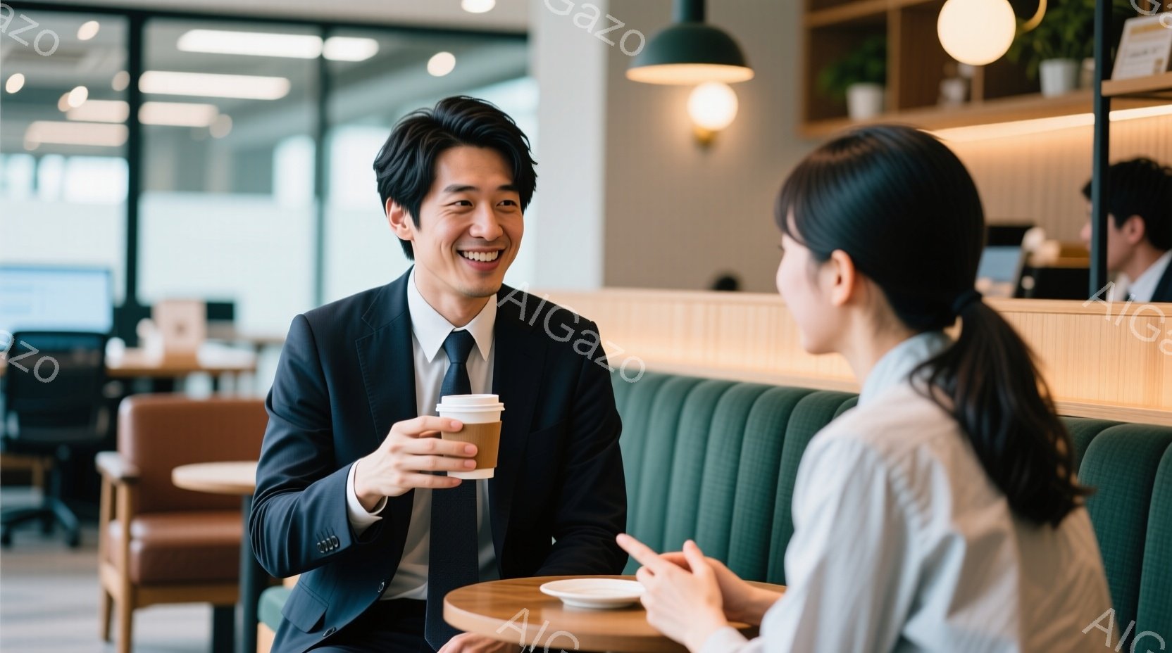 スーツにネクタイ姿の男性が、コーヒーカップを手に微笑んでいます。彼は緑色のソファに座り、前方にいる女性と会話をしている様子です。背景には他の座席と、カフェのような明るい内装が見え、全体的に穏やかでビジ - AI生成フリー素材