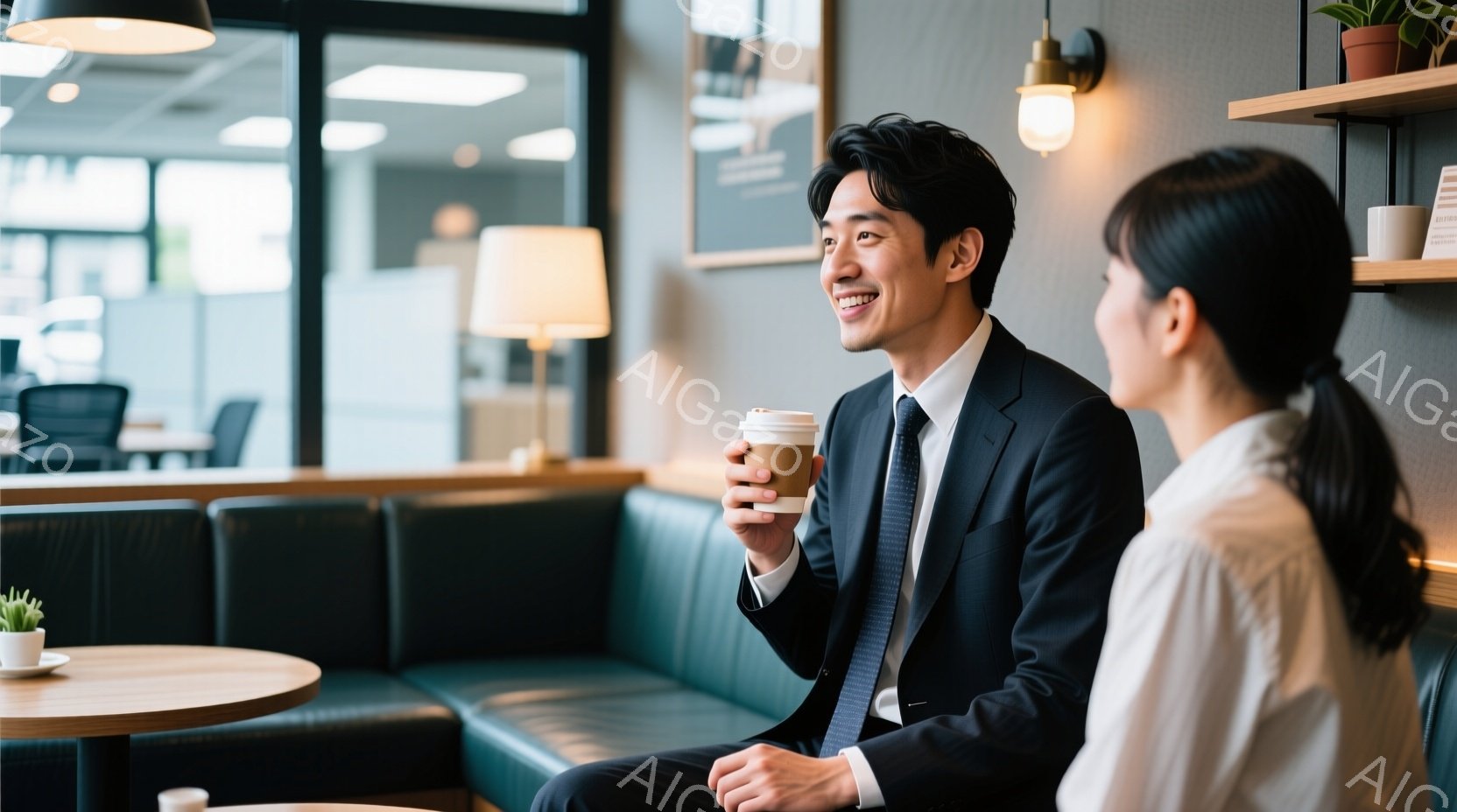 紺色のスーツにネクタイを締めた男性が、コーヒーカップを手に微笑んでいます。彼は緑色のソファーに座り、リラックスした様子で、女性と会話を楽しんでいるようです。背景には、明るい光が入る窓と、植物が飾られた - AI生成フリー素材