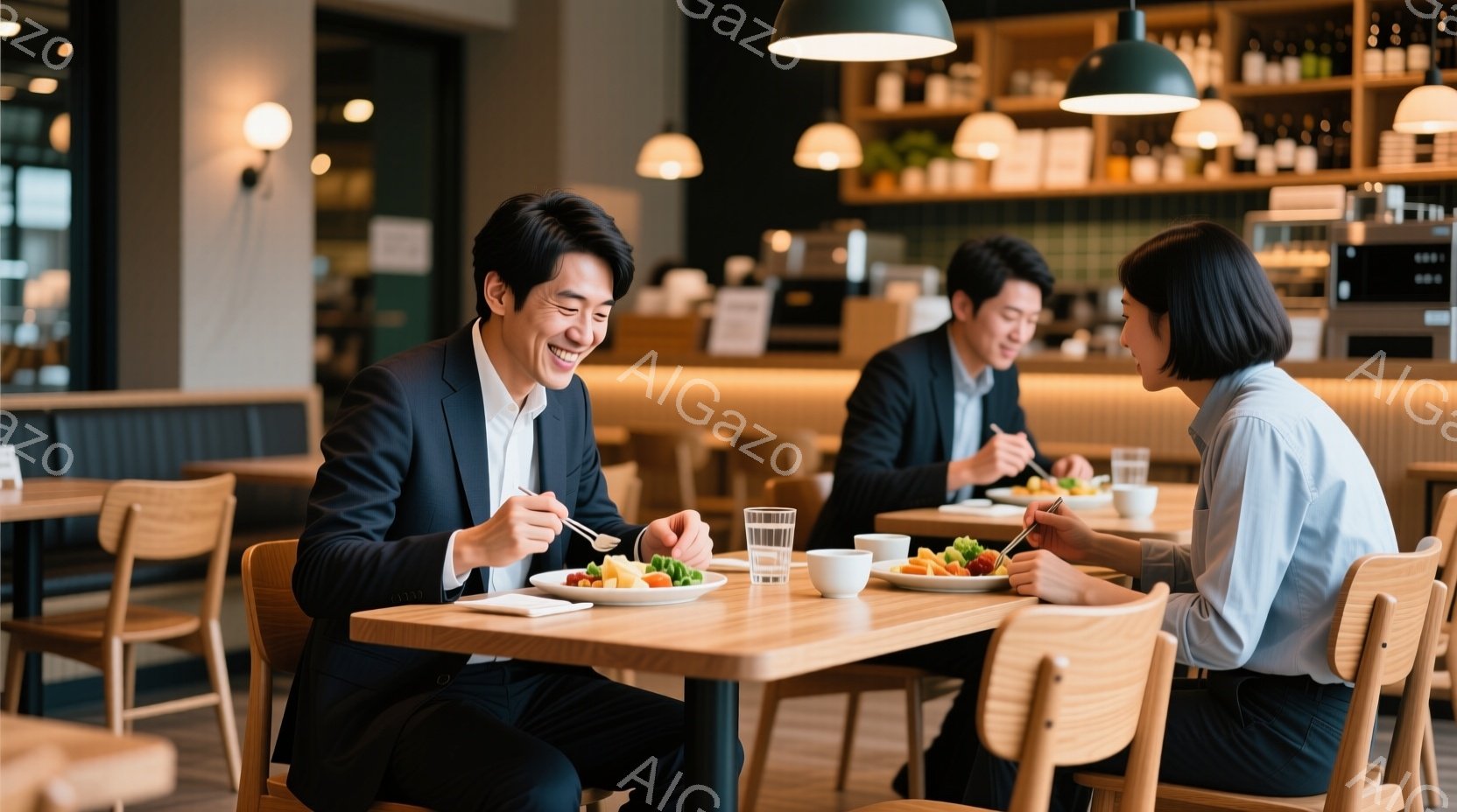 紺色のスーツを着た男性と白いシャツを着た女性がレストランで食事を楽しんでいます。男性は笑顔でサラダをフォークで食べ、女性は真剣な表情で同じように食事をしています。背景には木製のテーブルと椅子、そして様々なボトルが並んだ棚が見え、明るく清潔感のある雰囲気です。