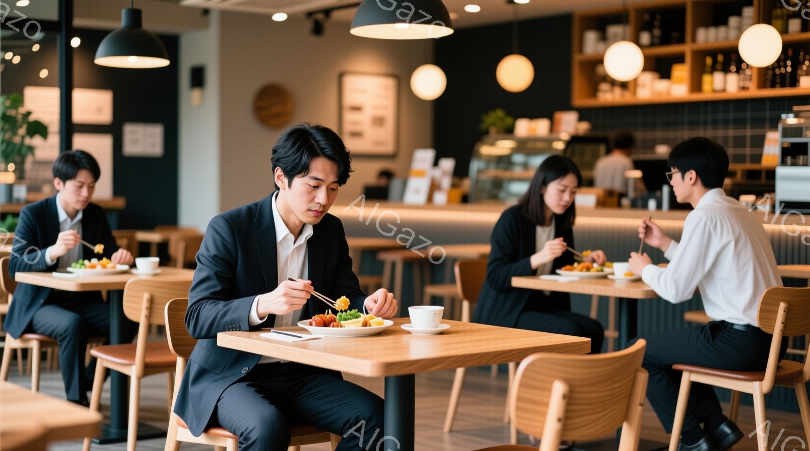 3人のビジネスマンと女性が、木製のテーブルに座って食事をしている写真です。全員がフォーマルな服装で、集中して食事を楽しんでいる様子です。背景には、明るい光が差し込むカフェのカウンターと、植物が見え、清 - AI生成フリー素材