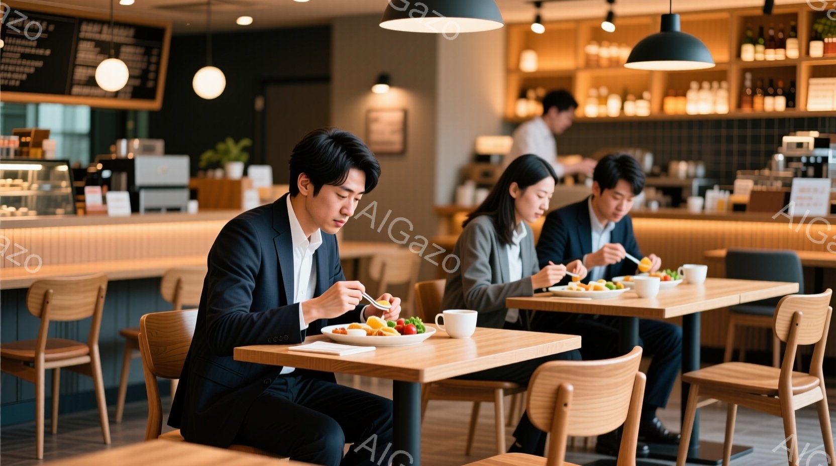 3人のビジネスマンとビジネスウーマンが、明るいカフェで食事をしている様子が写っています。彼らは皆、フォーマルな服装で、真剣な表情で食事に集中しており、姿勢も比較的きちんとしています。カフェの背景には、 - AI生成フリー素材