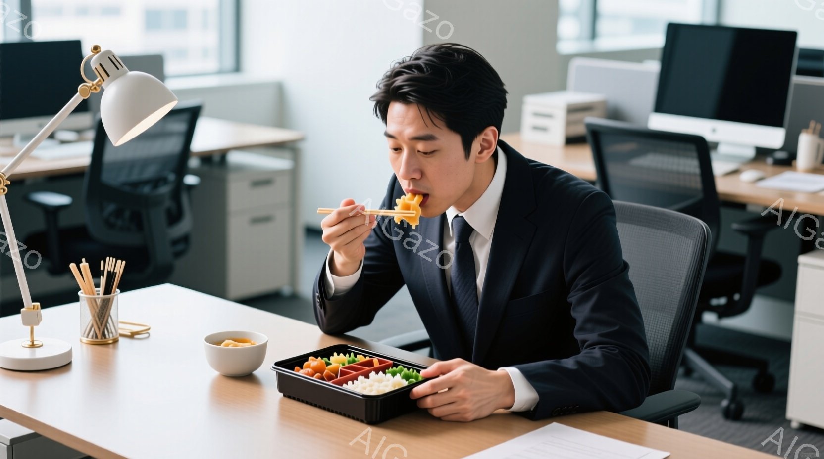 スーツとネクタイを着用した男性が、オフィスで弁当を食べている。彼は椅子に座って前かがみになり、箸で弁当の中の食べ物を口に運んでいる。背景には他のオフィス家具が見え、明るい室内で仕事をする様子が伺える。 - AI生成フリー素材