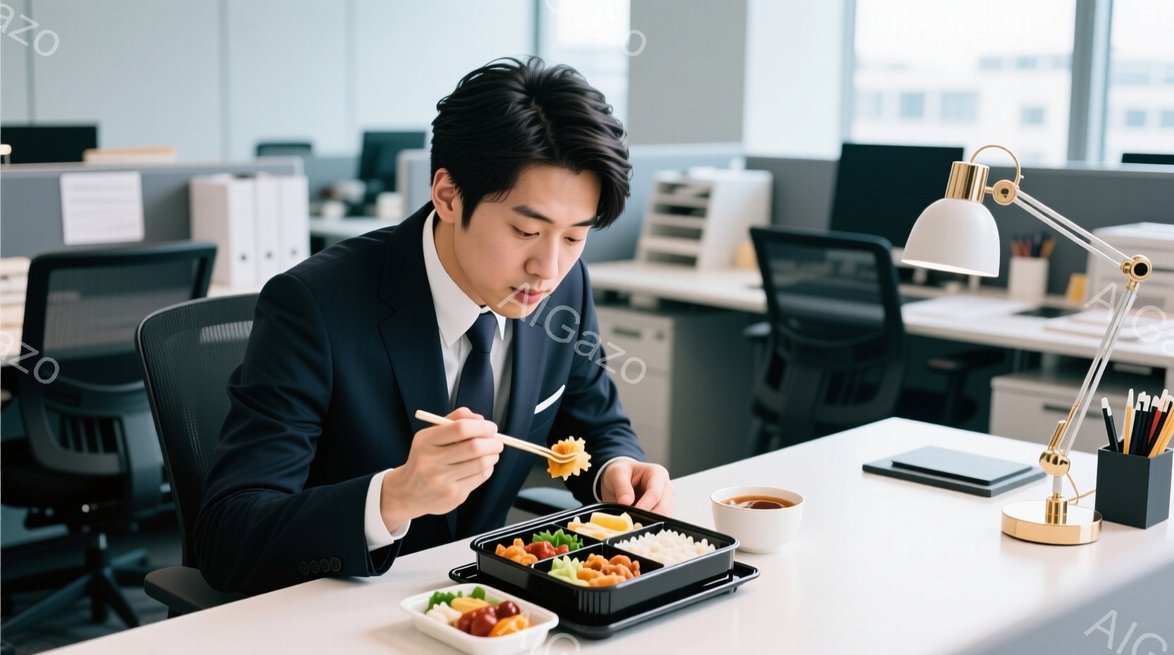 スーツとネクタイを着た男性が、オフィスで弁当を食べている。彼は少し前かがみになり、箸で弁当の中の食べ物を口に運んでいる様子で、真剣な表情をしている。背景には、オフィス内の他のデスクや備品が見え、室内は - AI生成フリー素材