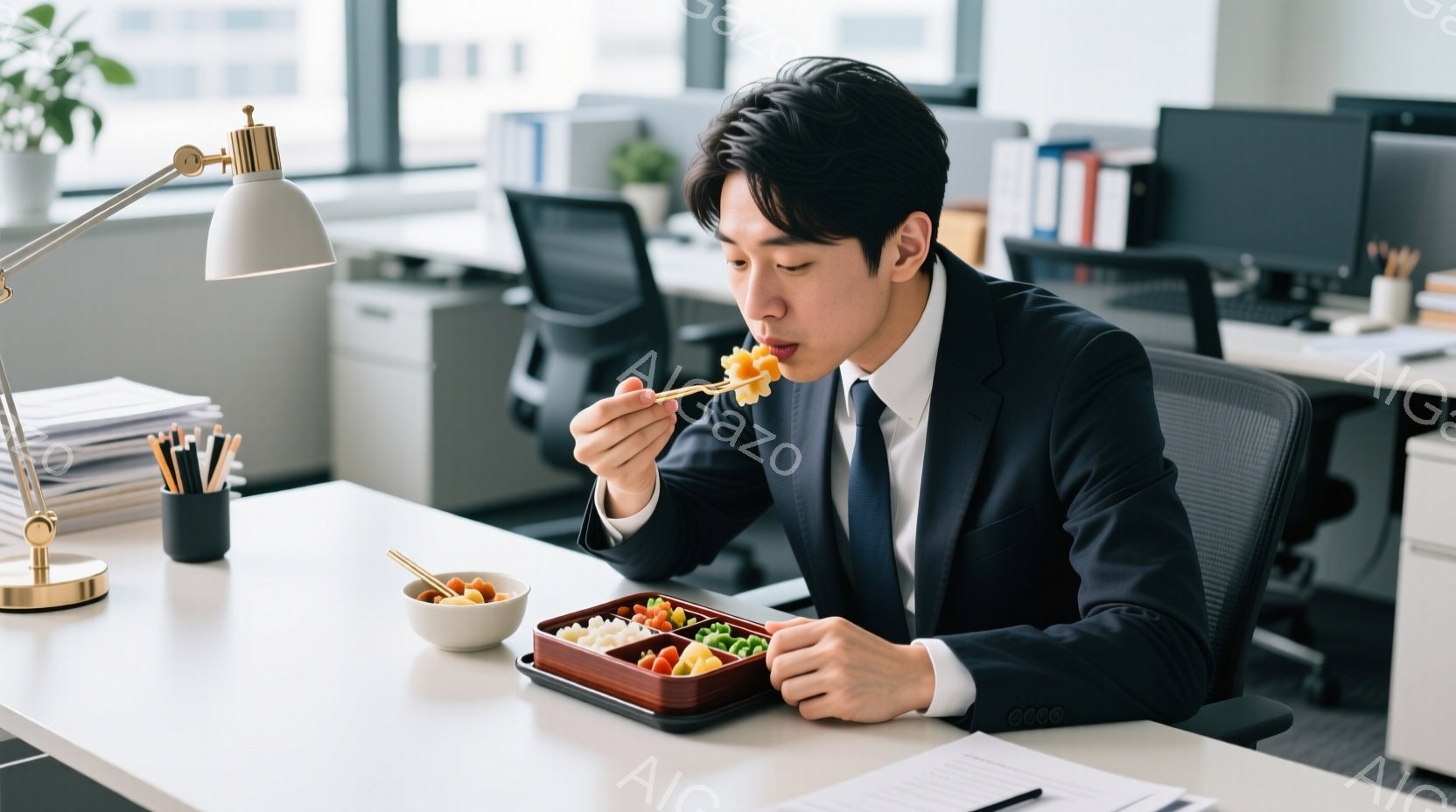 スーツとネクタイを着用した男性が、オフィスで弁当を食べている様子が写っている。彼は椅子に座り、箸で弁当の具を口に運んでいるが、表情は真剣で、仕事の合間の休憩時間を楽しんでいるようだ。背景には、他のオフ - AI生成フリー素材